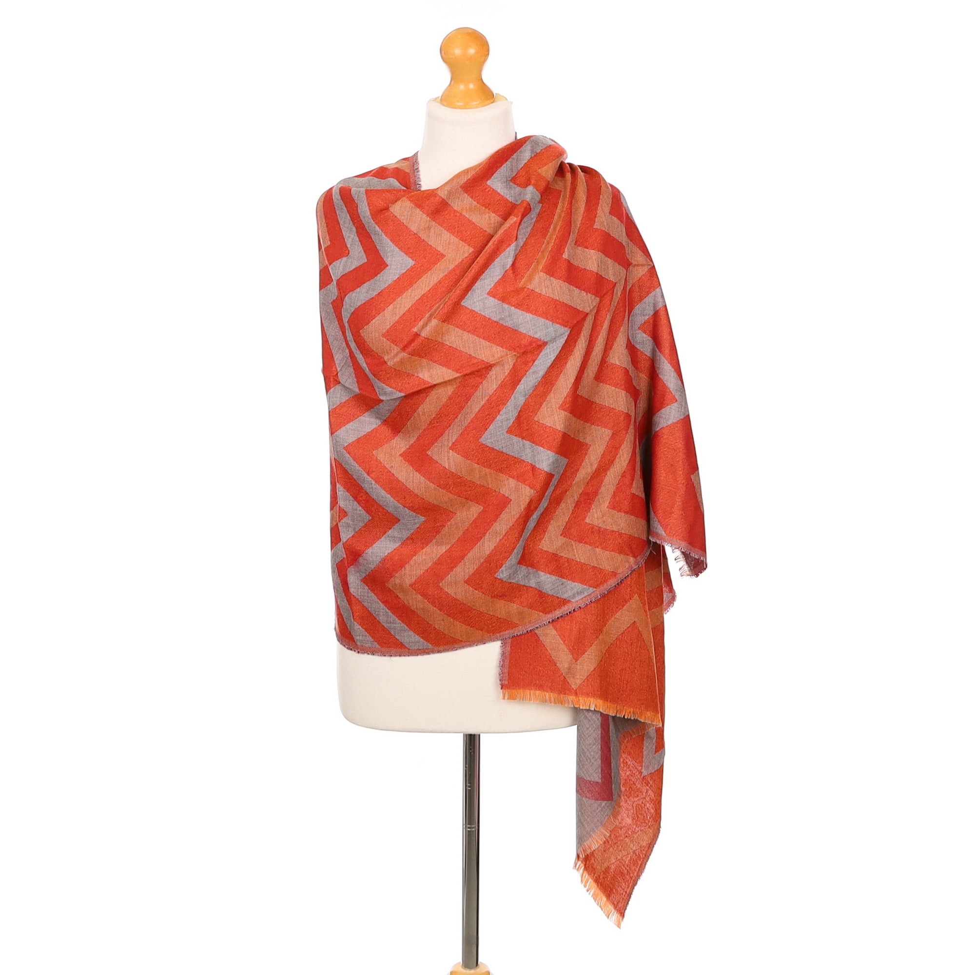 Scottish Begg & Co Burnt Orange Zig Zag Pattern Woven Cashmere& Silk Wrap