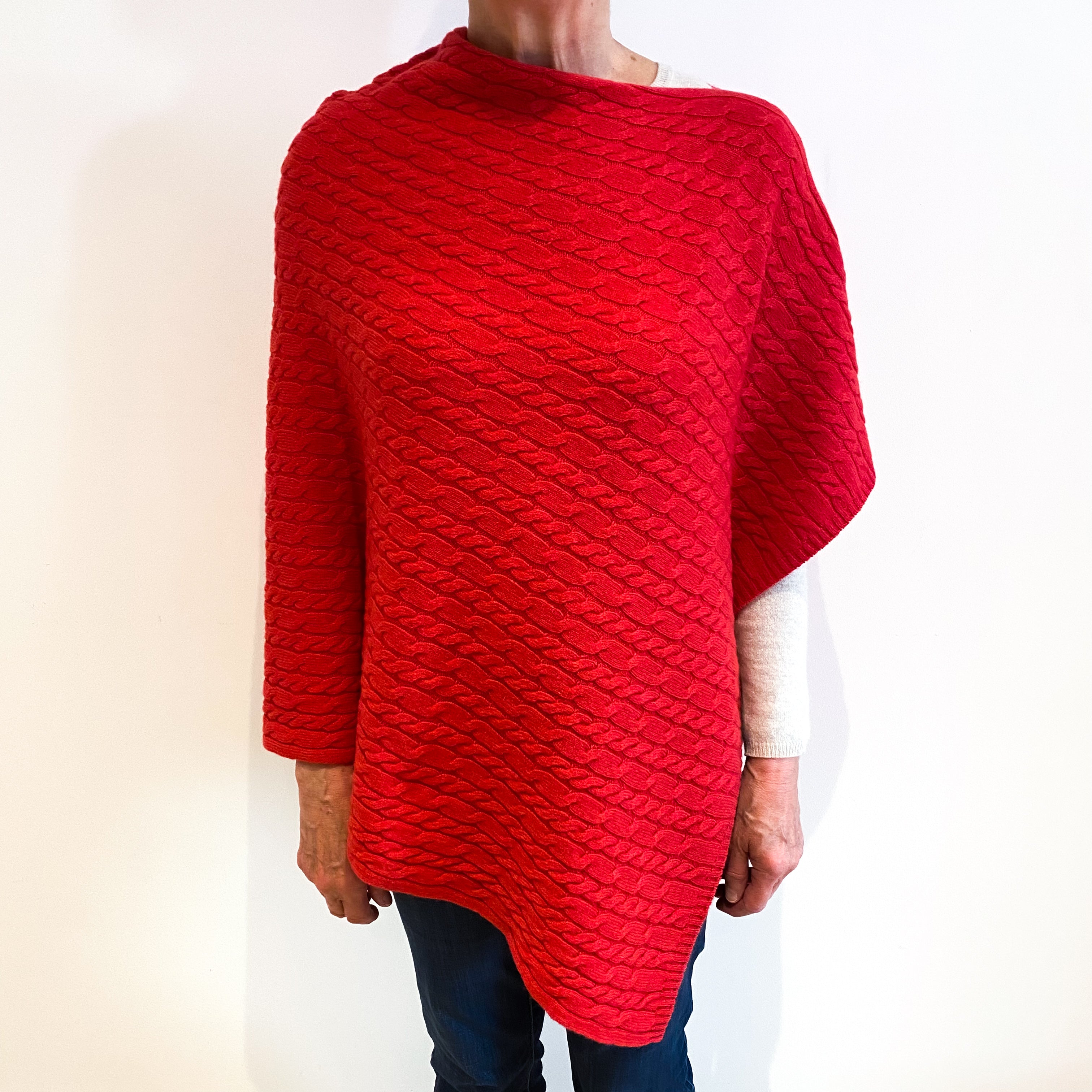 Brand New Scottish Strawberry Red Cashmere Cable Poncho One Size