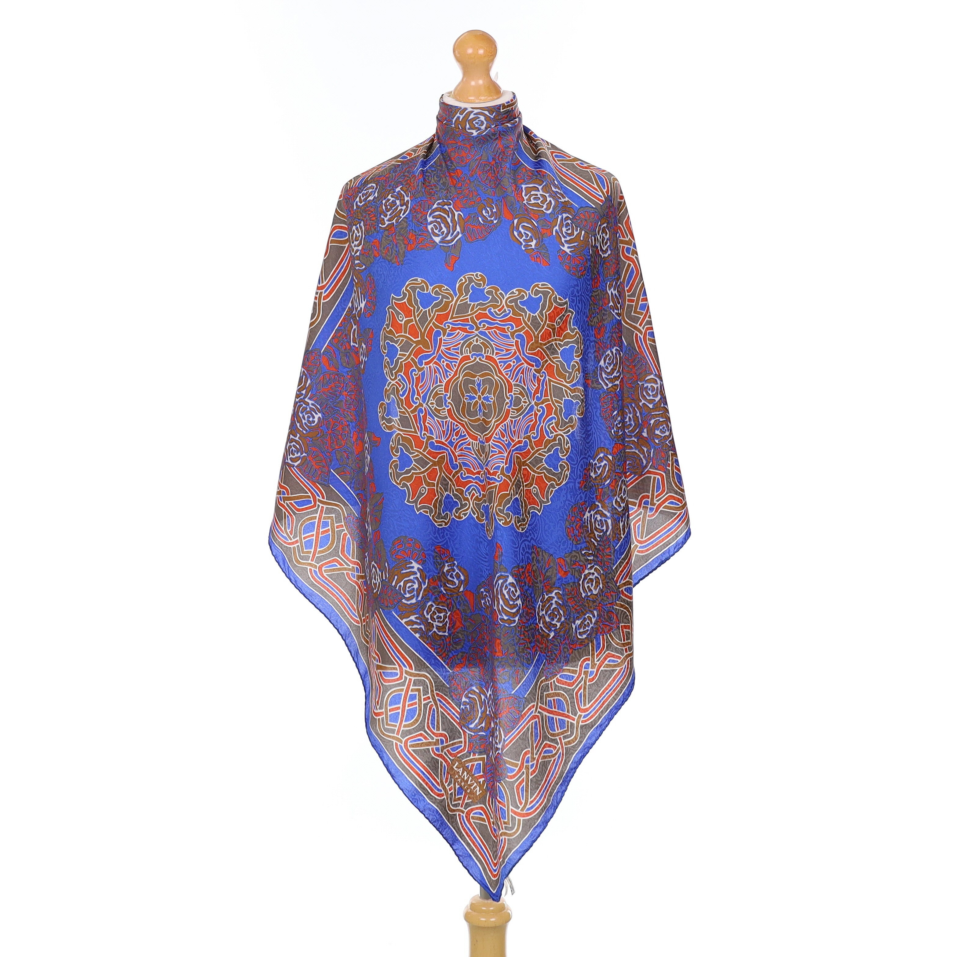 Lanvin Royal Blue And Red Rose Vintage Silk Scarf