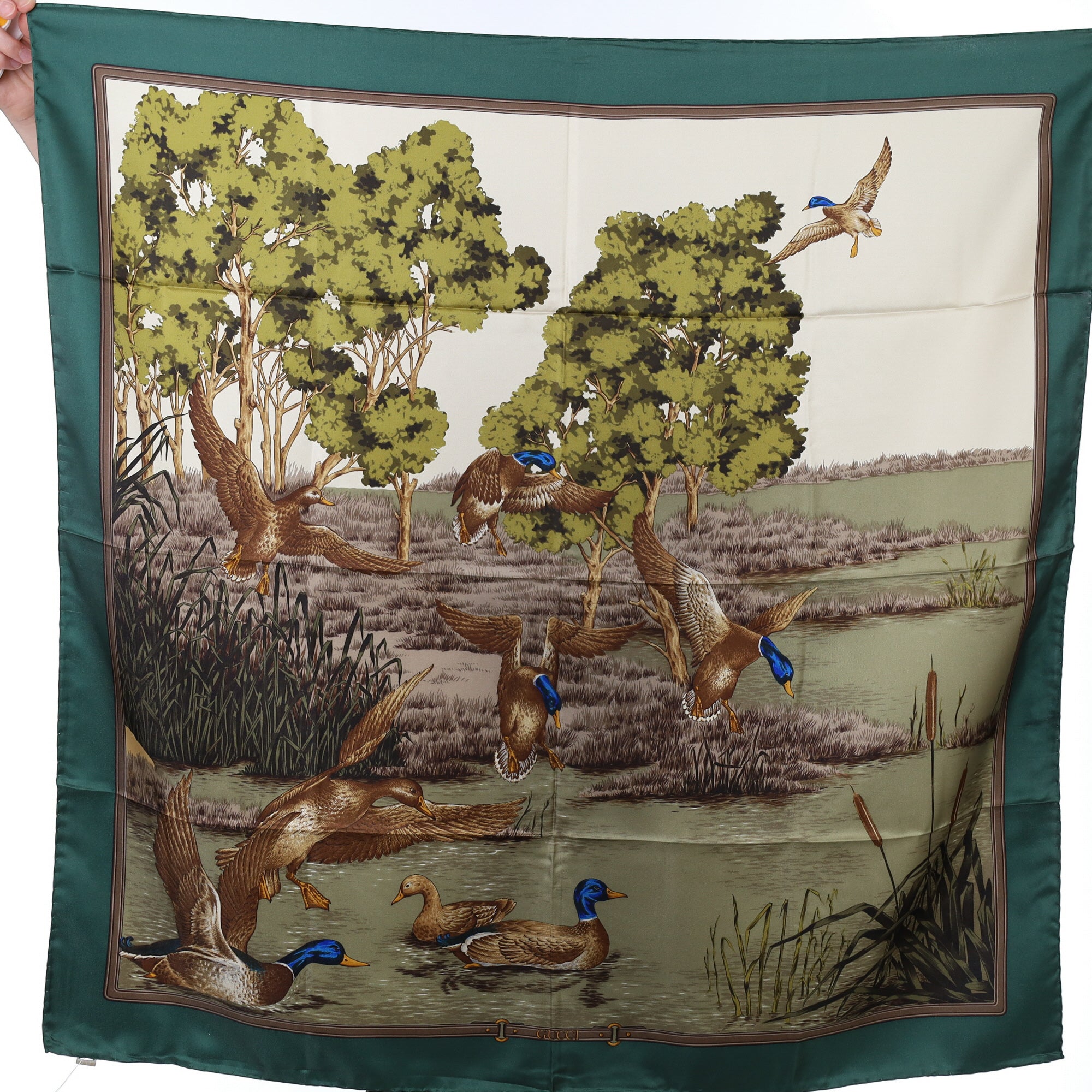 Brand New Gucci Duck Pond Design Vintage Silk Scarf
