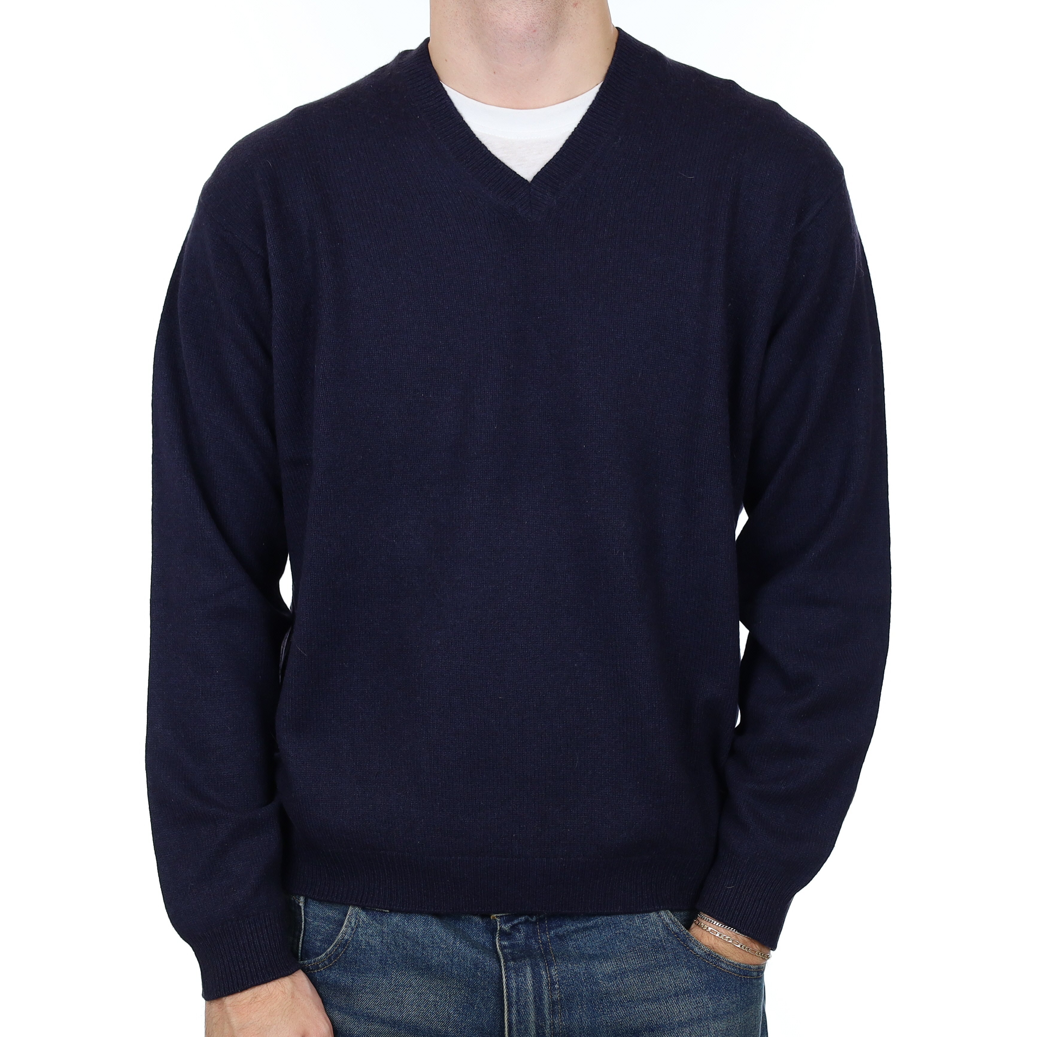 Men’s Dark Navy Cashmere V Neck Jumper Large