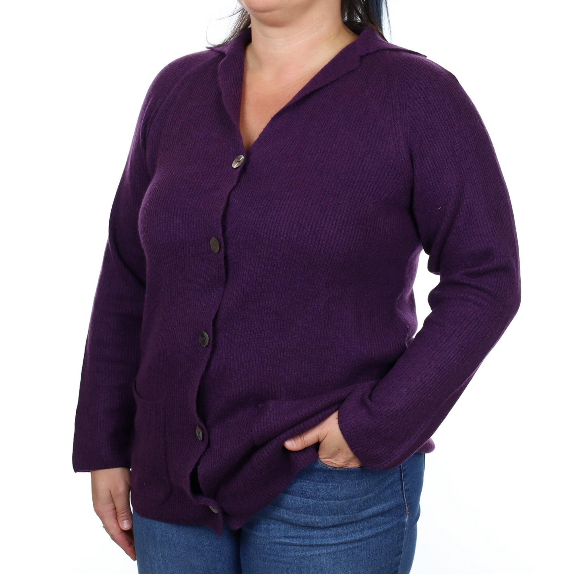 Blueberry Purple Cashmere Collared V Neck Cardigan Large