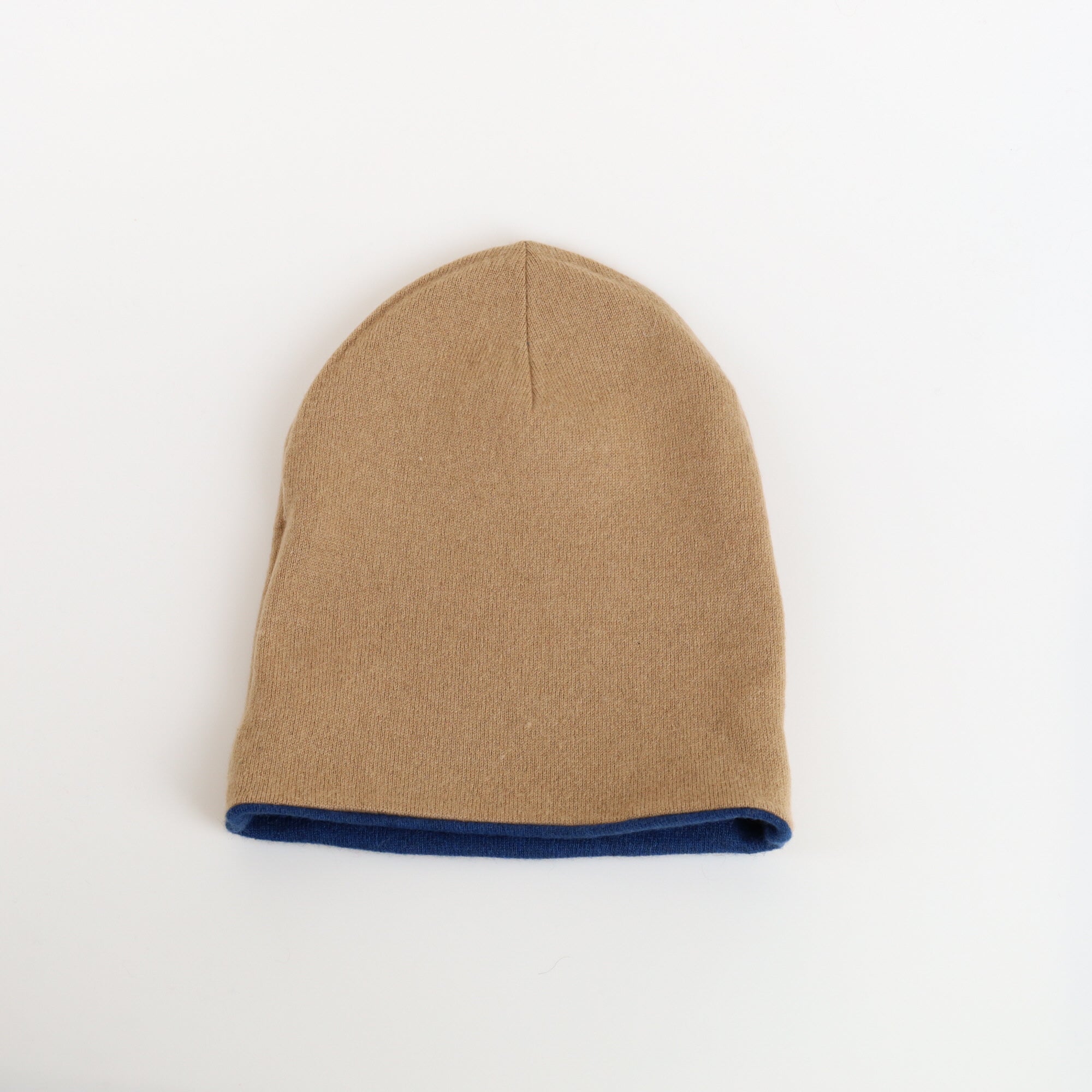 Denim Blue and Camel Cashmere Beanie Hat