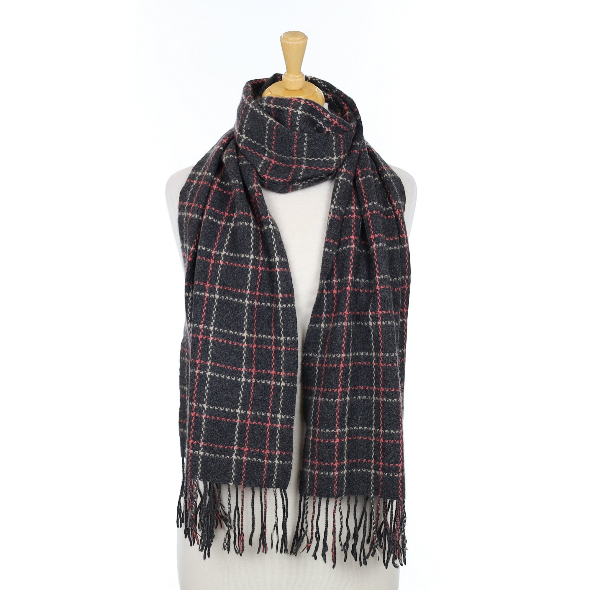 Slate Grey & Pink Textured Check Cashmere Woven Scarf