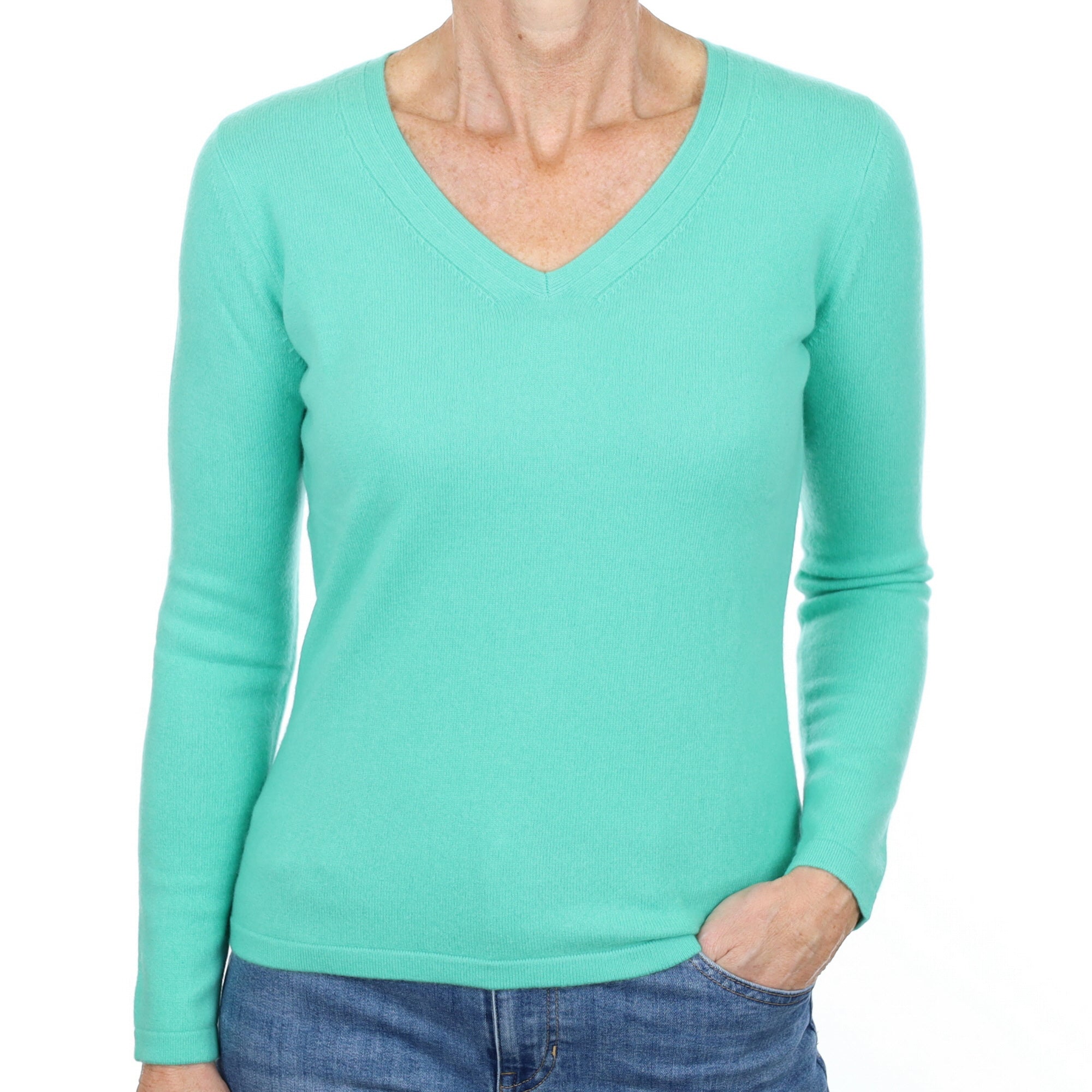 New Spring Green Cashmere V Neck Jumper Small
