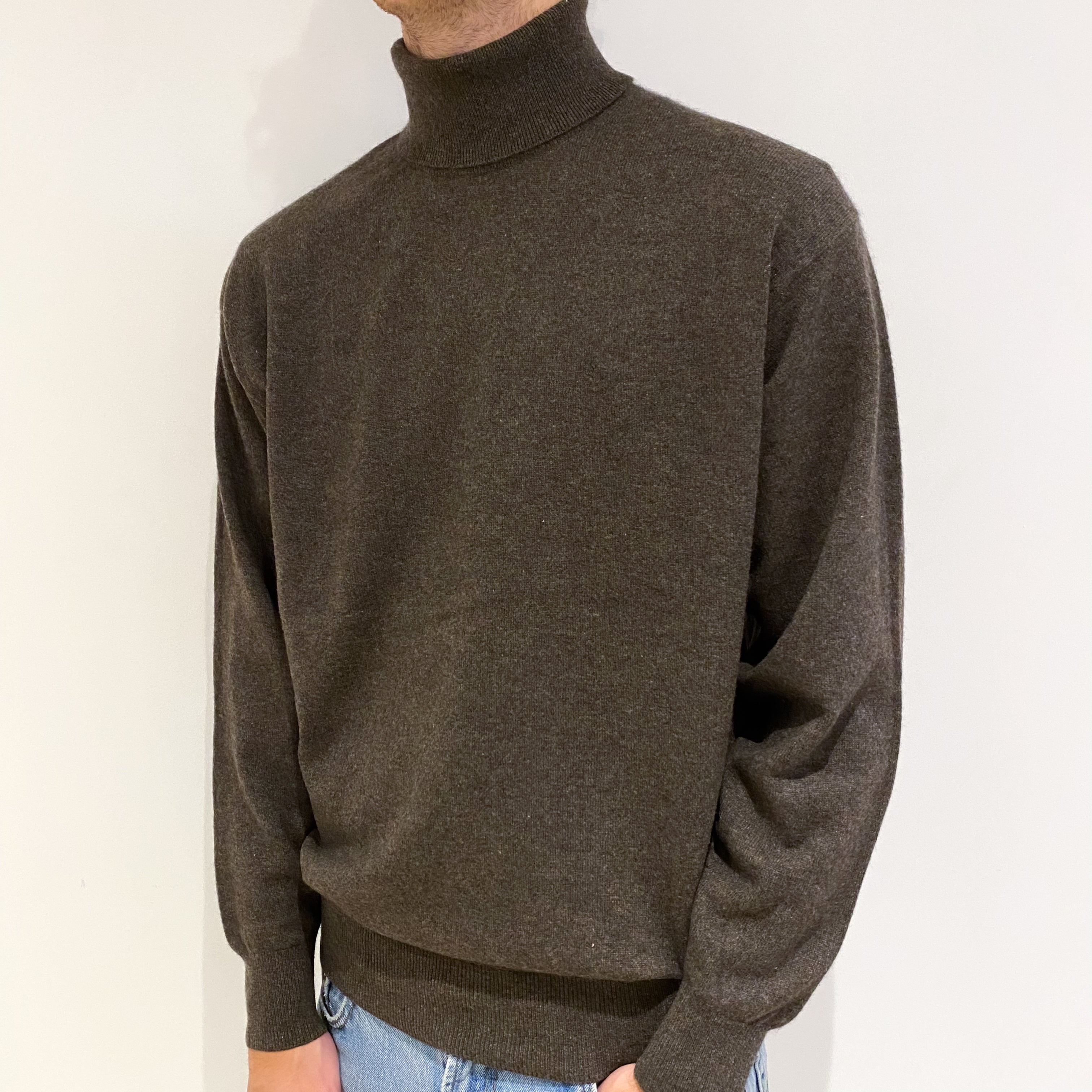 Men's Muted Brown Cashmere Polo Neck Jumper Large