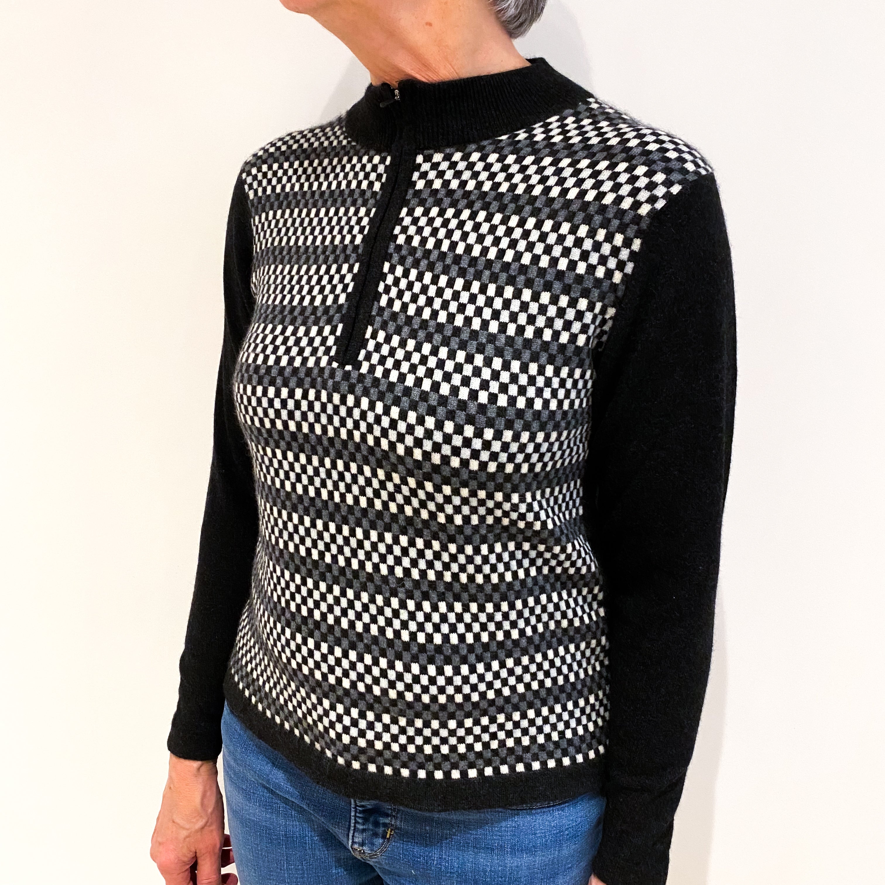 Black and Grey Checkerboard Cashmere 3/4 Zip Funnel Neck Jumper Medium