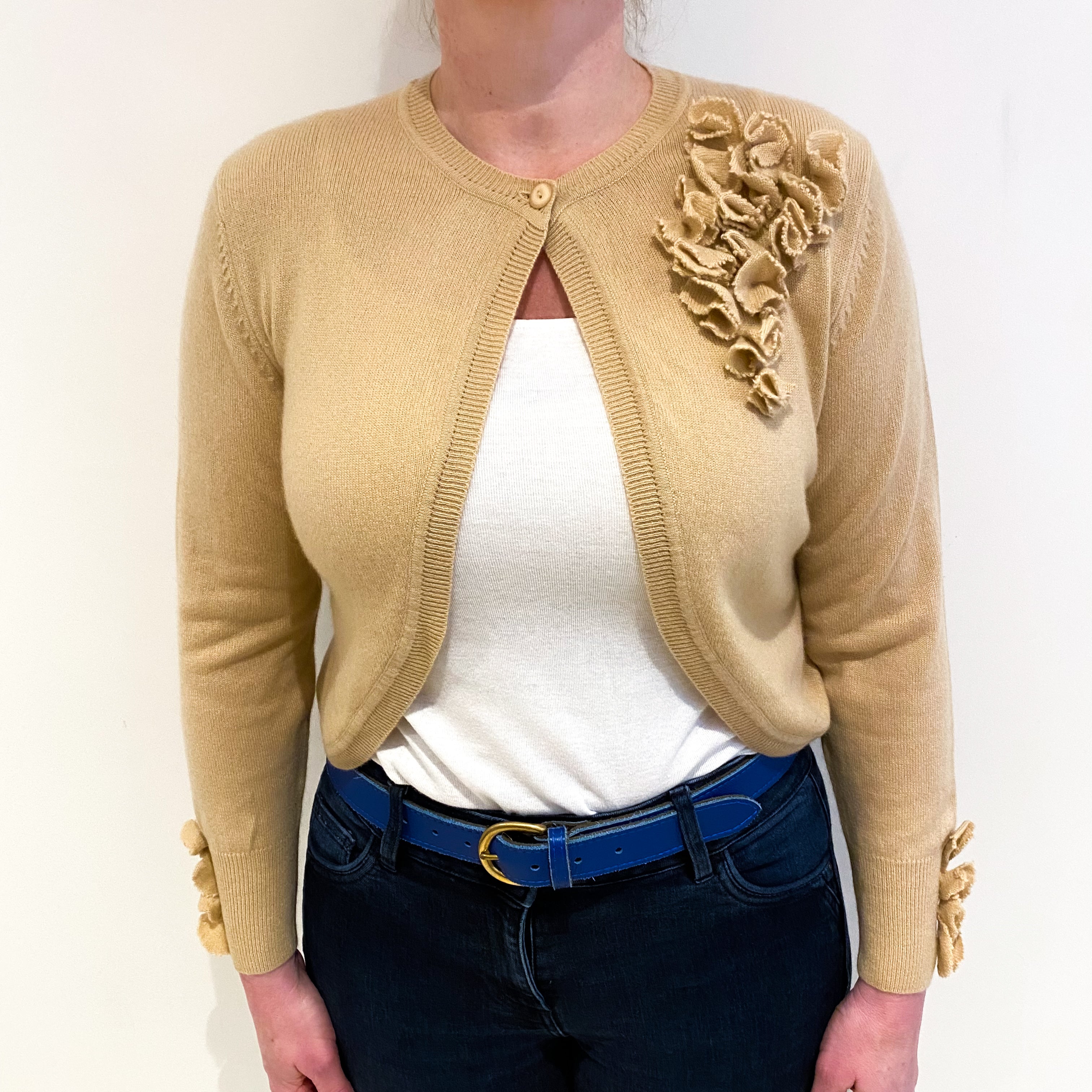 Latte Beige Cashmere Crew Neck Cropped Cardigan Large