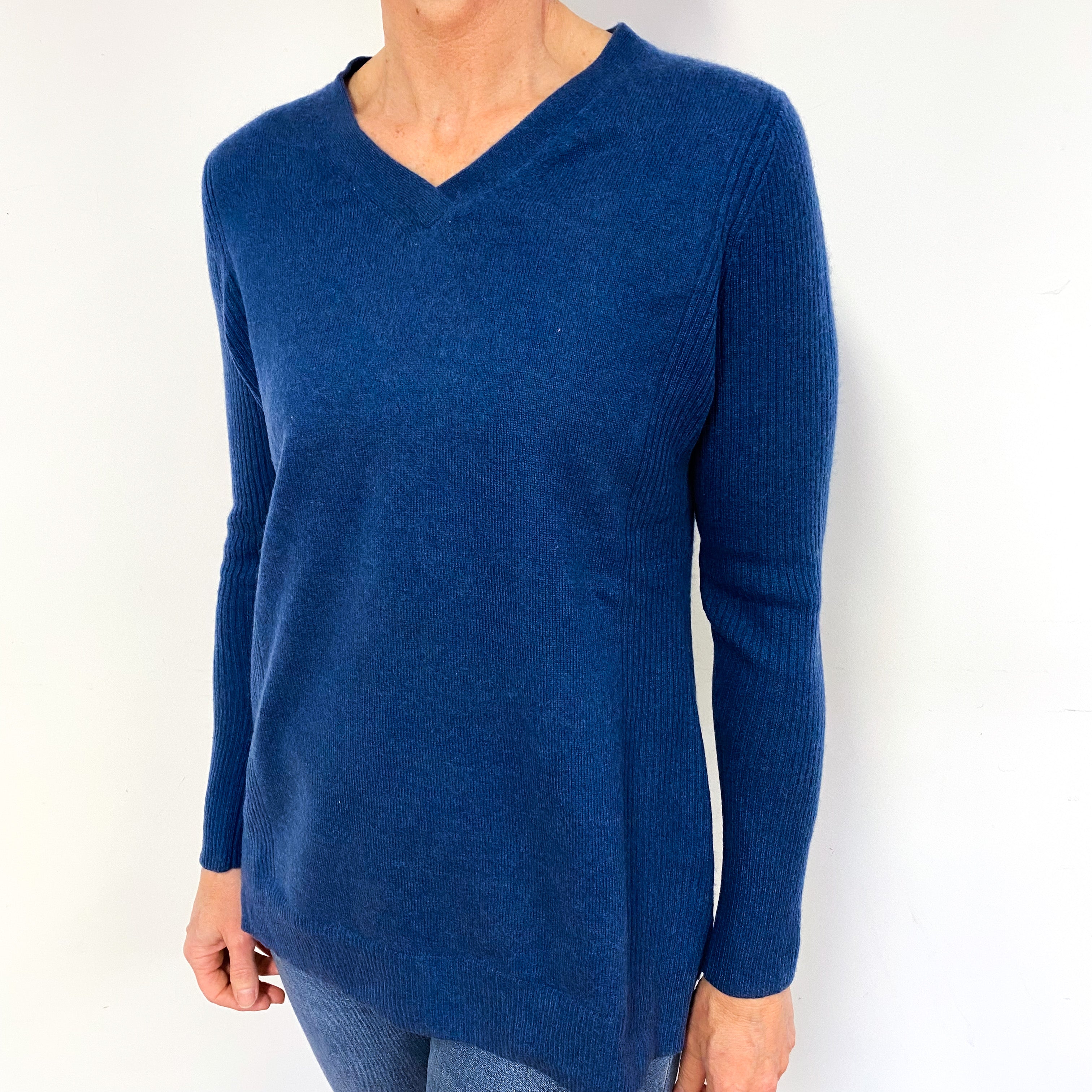 Naval Blue Cashmere V-Neck Jumper Medium