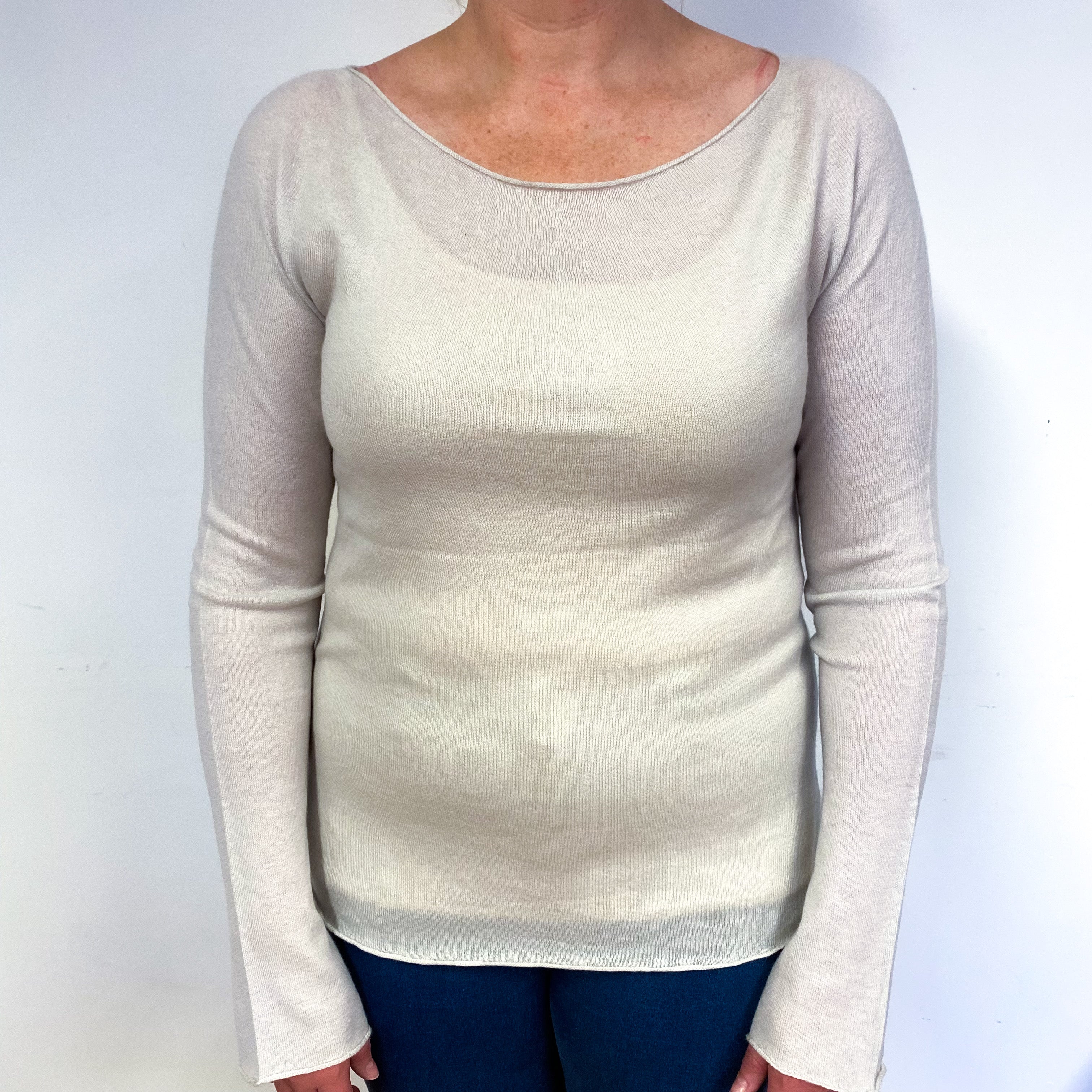 Oatmeal Cream Fine Knit Cashmere Crew Neck Jumper Large