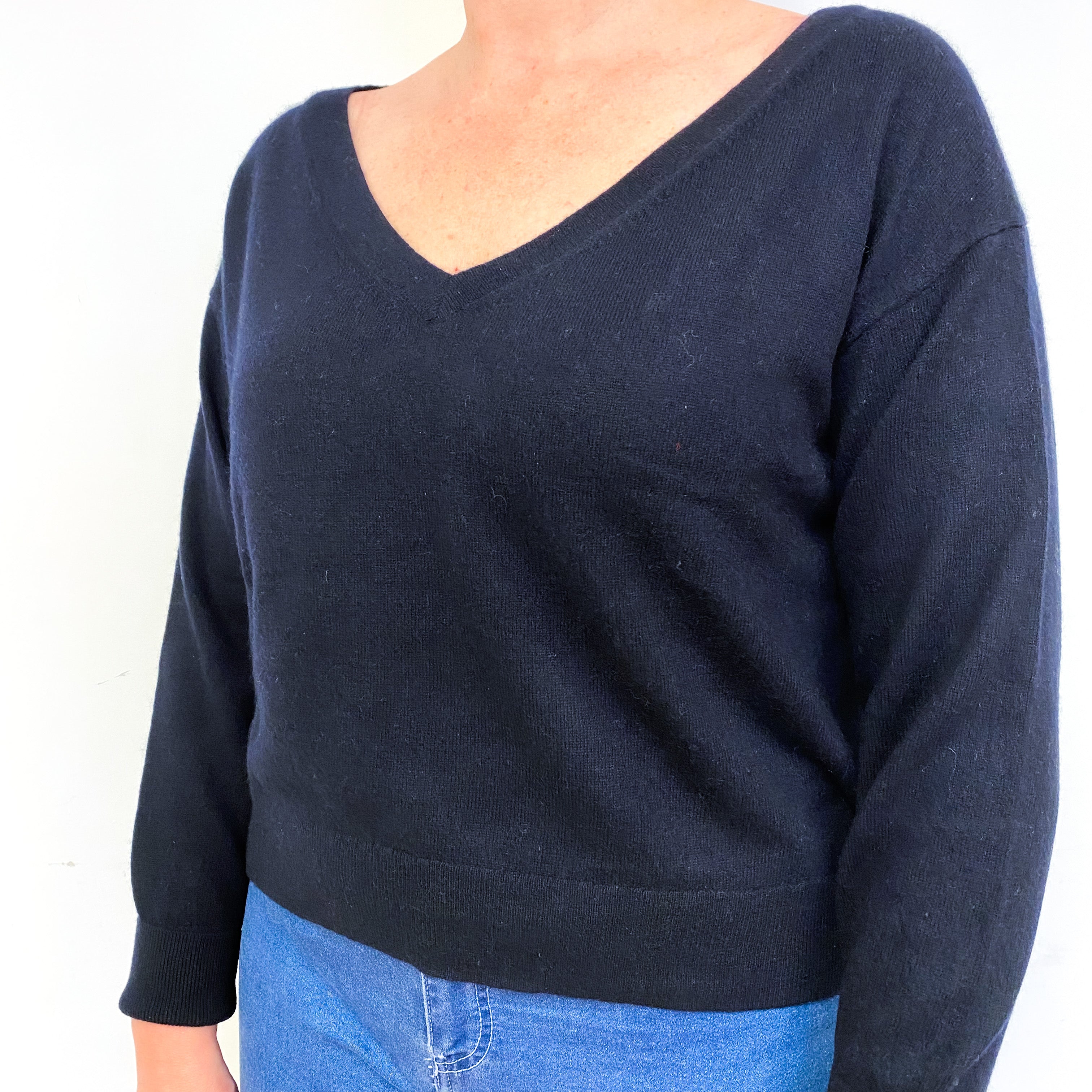 Everlane Navy Slouchy Cropped Cashmere V-Neck Jumper Large