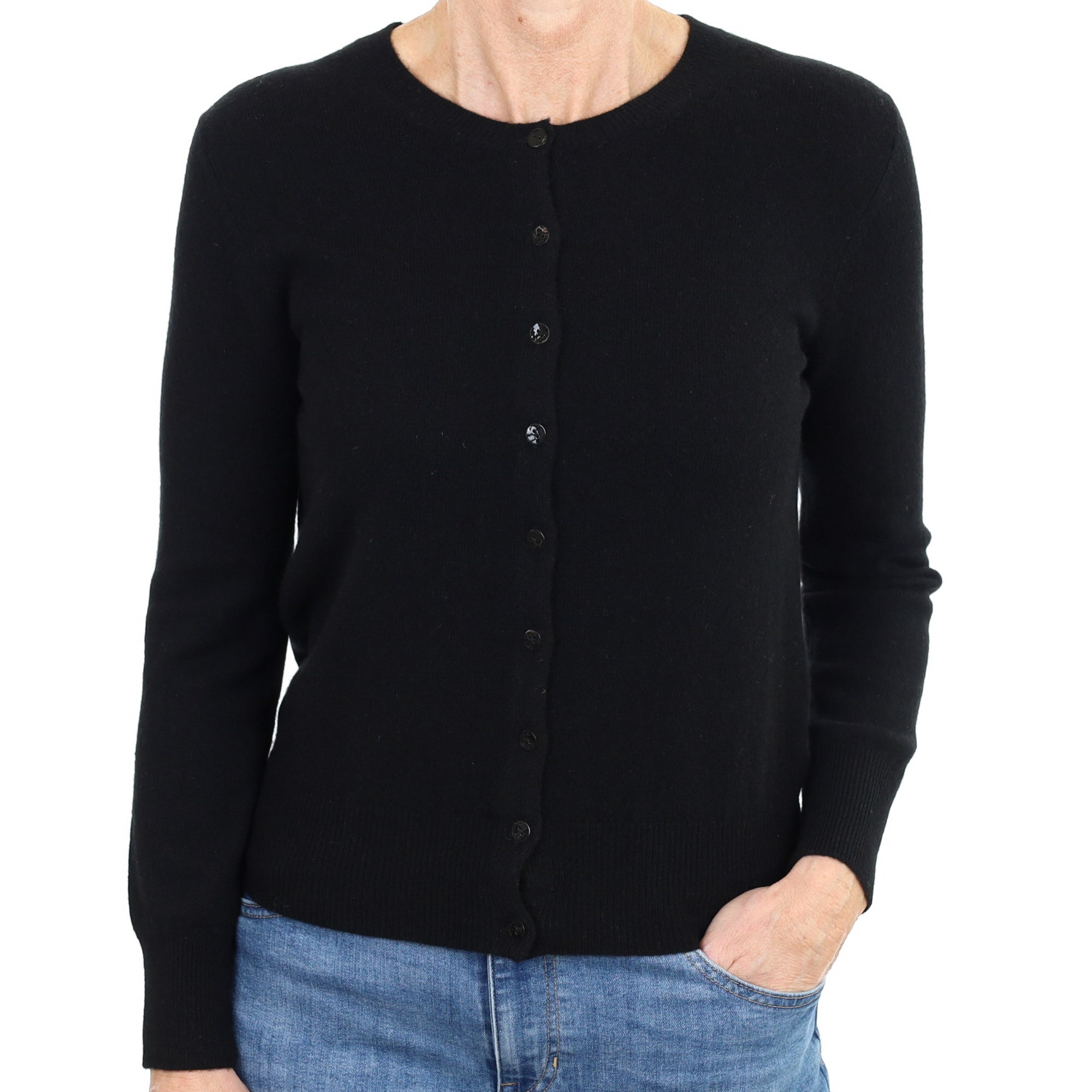 New Black Cashmere Crew Neck Cardigan Small
