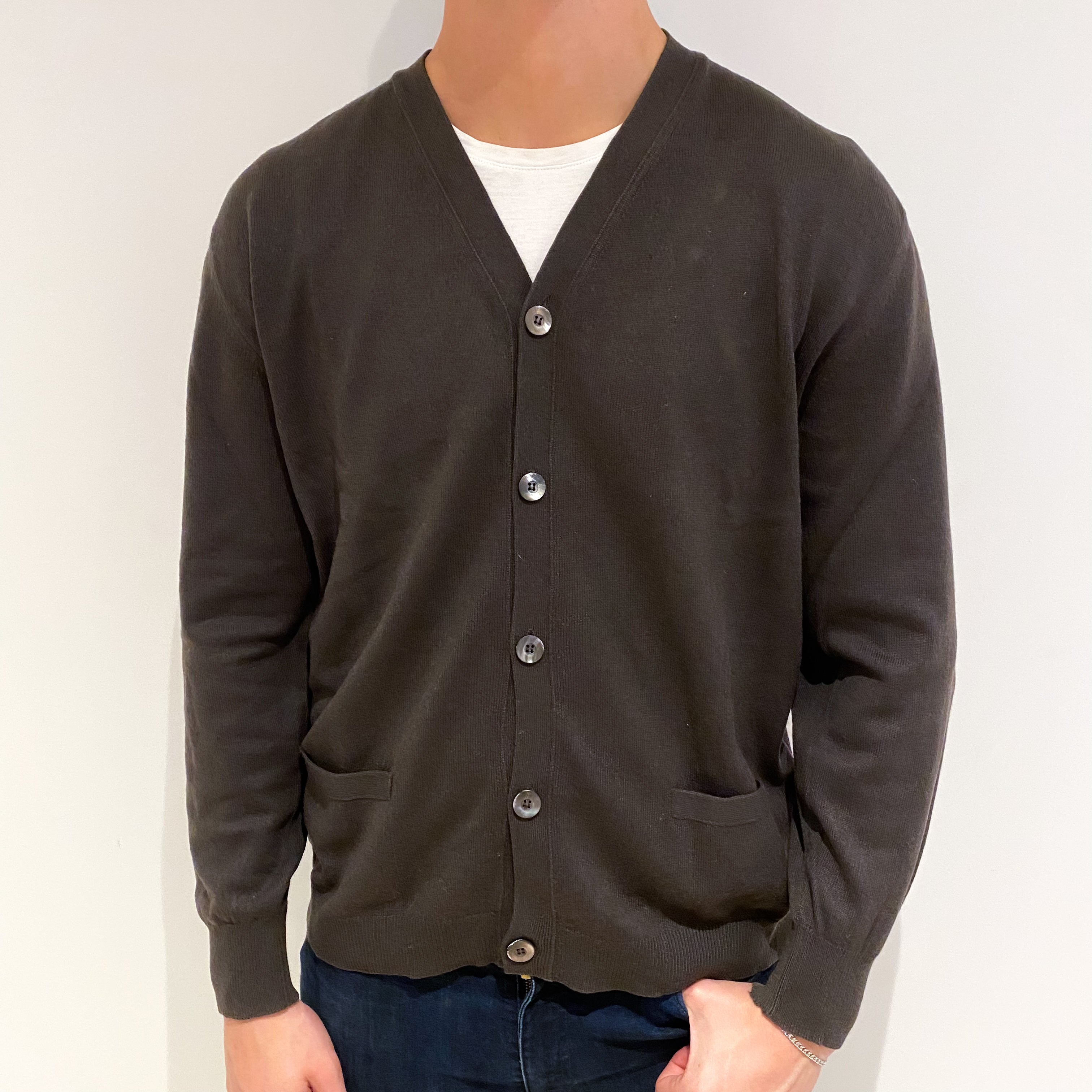 Men's Chocolate Brown Cashmere V Neck Cardigan XL