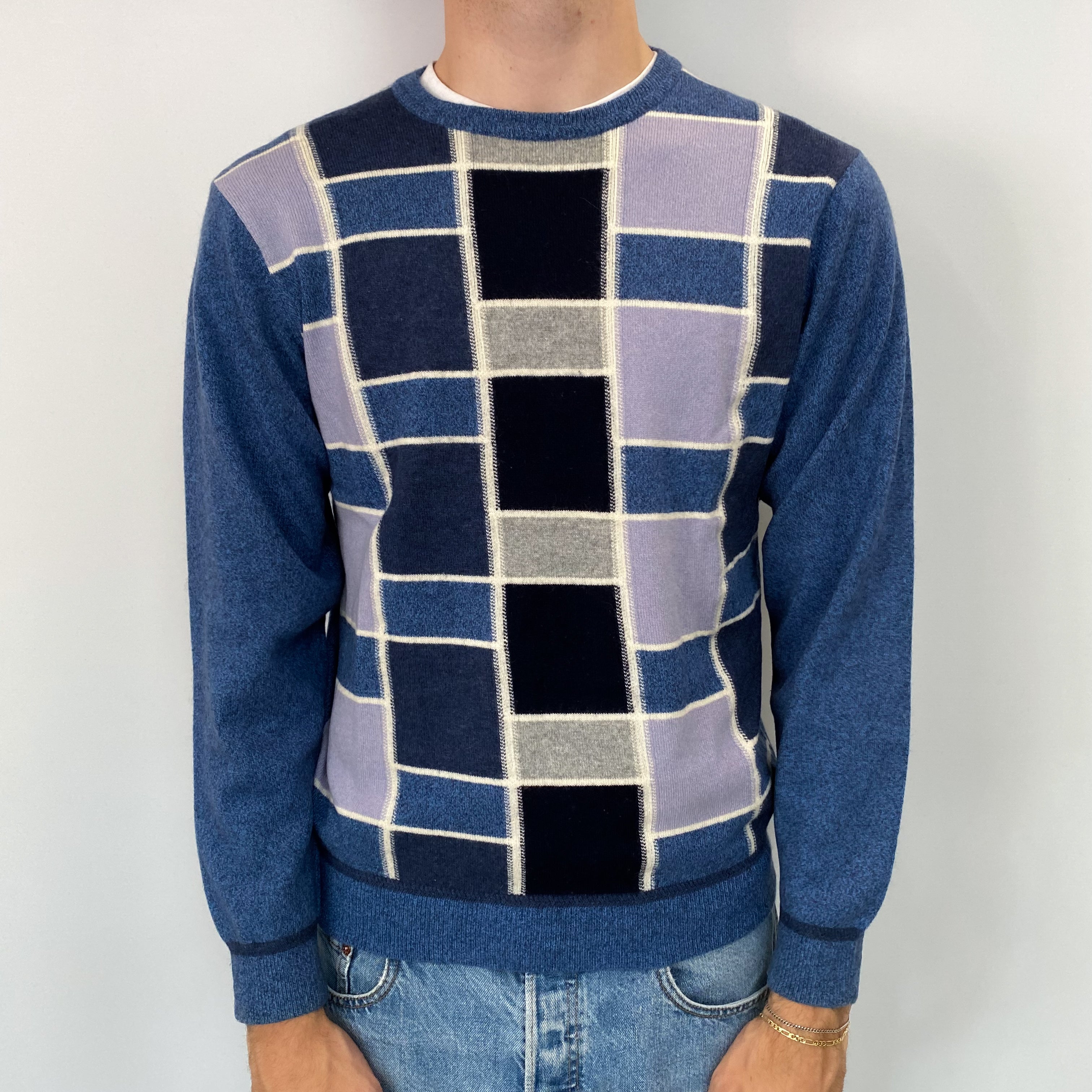 Men's Airforce Blue Colour Block Cashmere Crew Neck Jumper Medium
