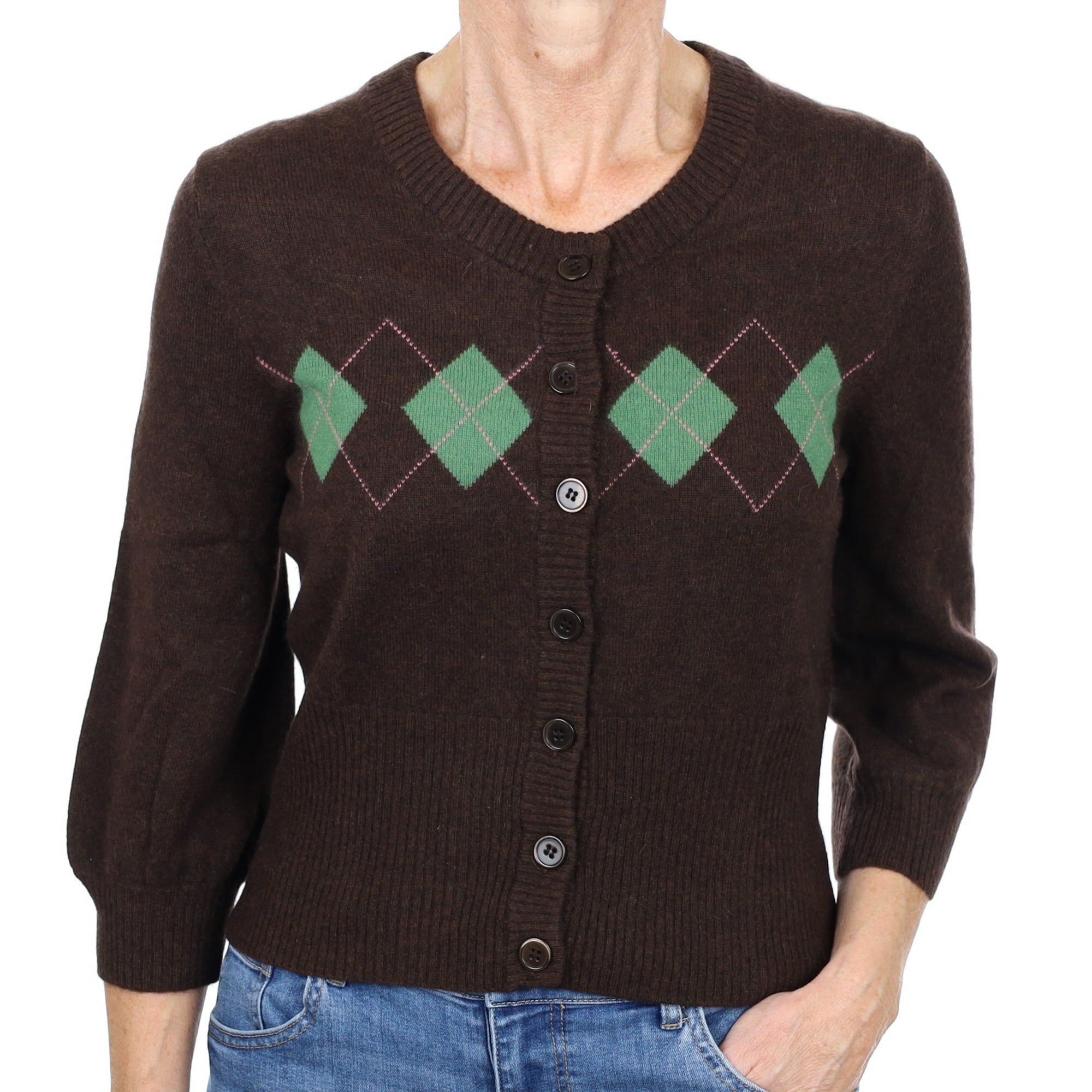 Brown Green Diamond Cashmere Crew Neck Cardigan Small