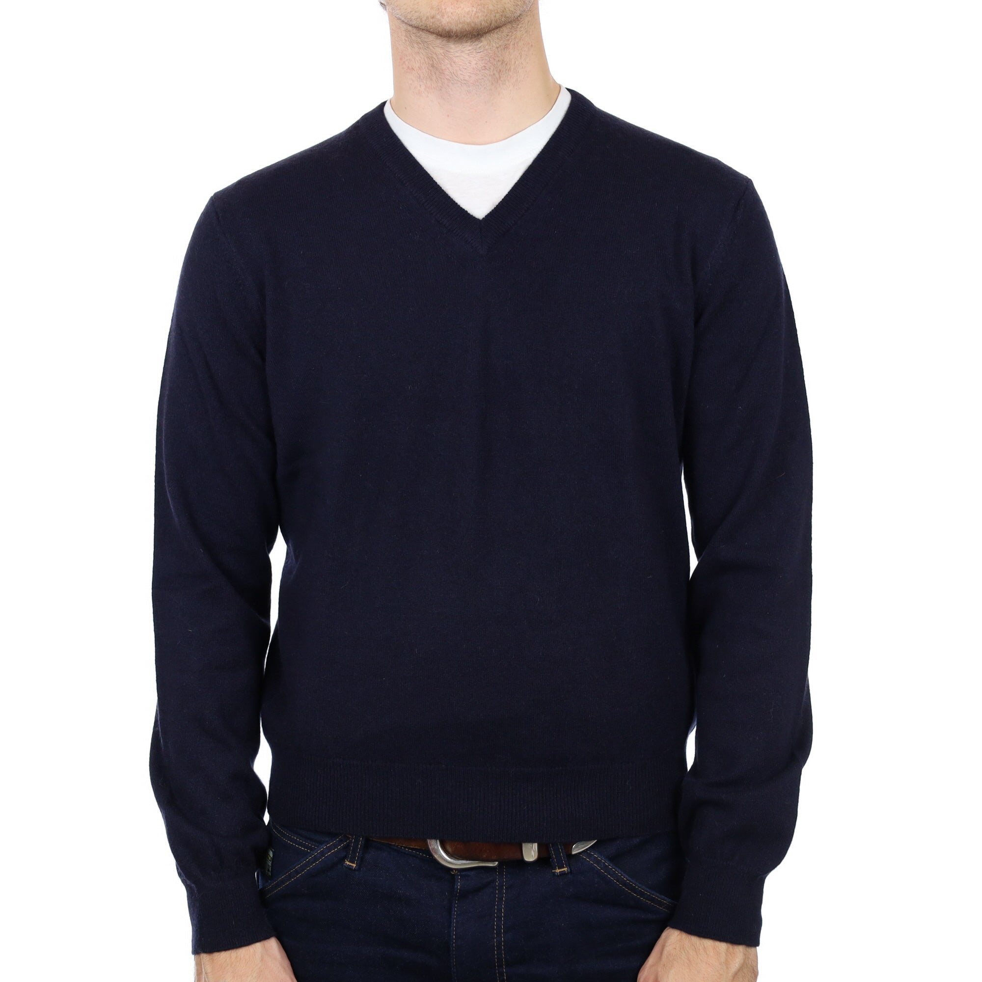 Men's Navy Blue Cashmere V Neck Jumper Medium
