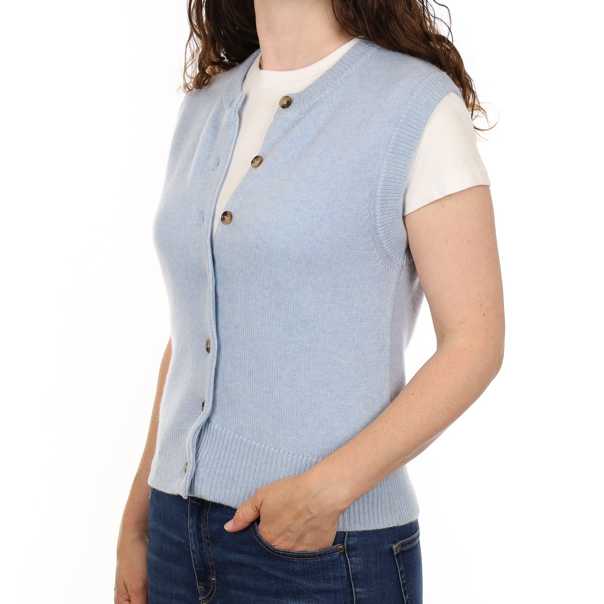 Brand New Baby Blue Luxury Cashmere Crew Neck Waistcoat Small UK 8-10