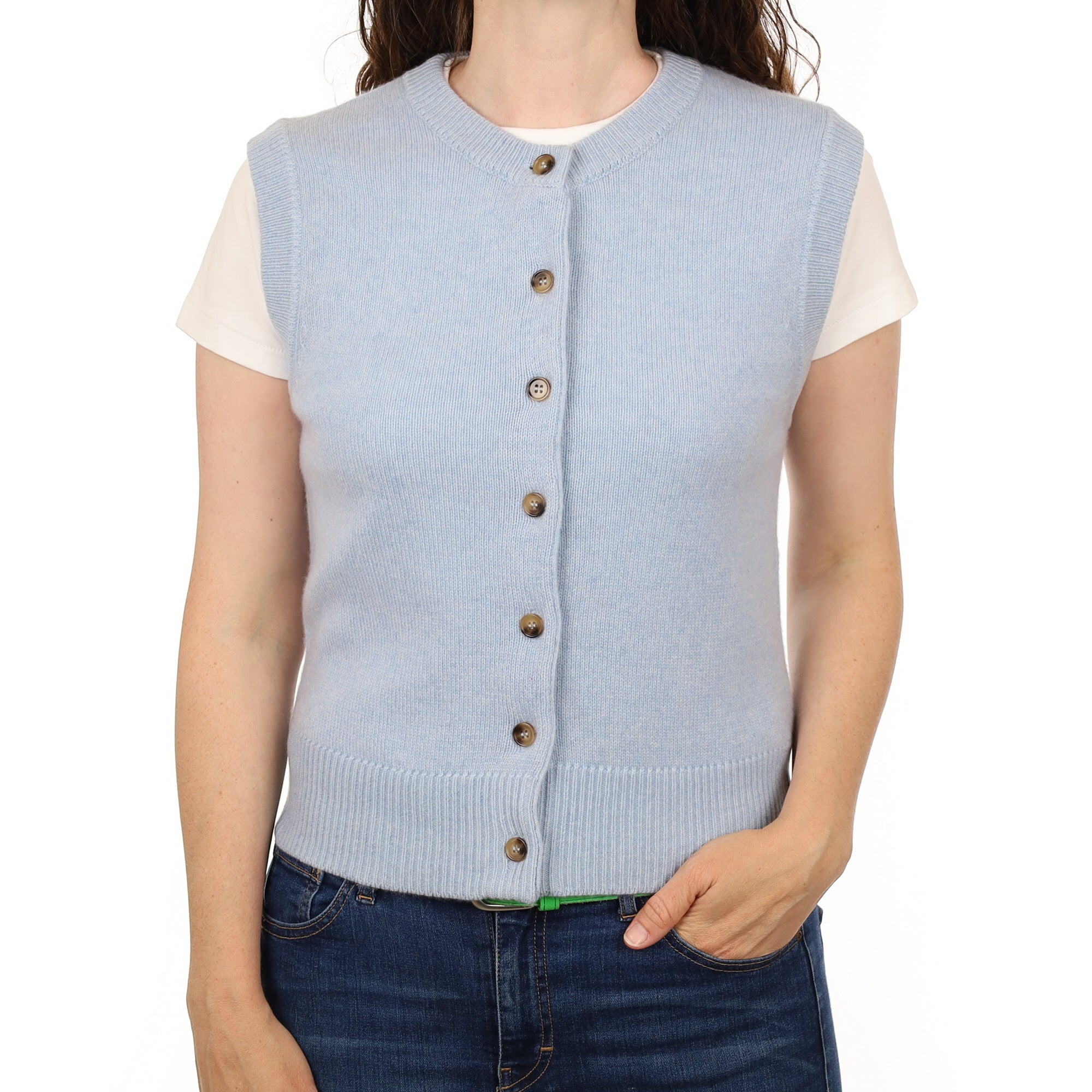 Brand New Baby Blue Luxury Cashmere Crew Neck Waistcoat Small UK 8-10