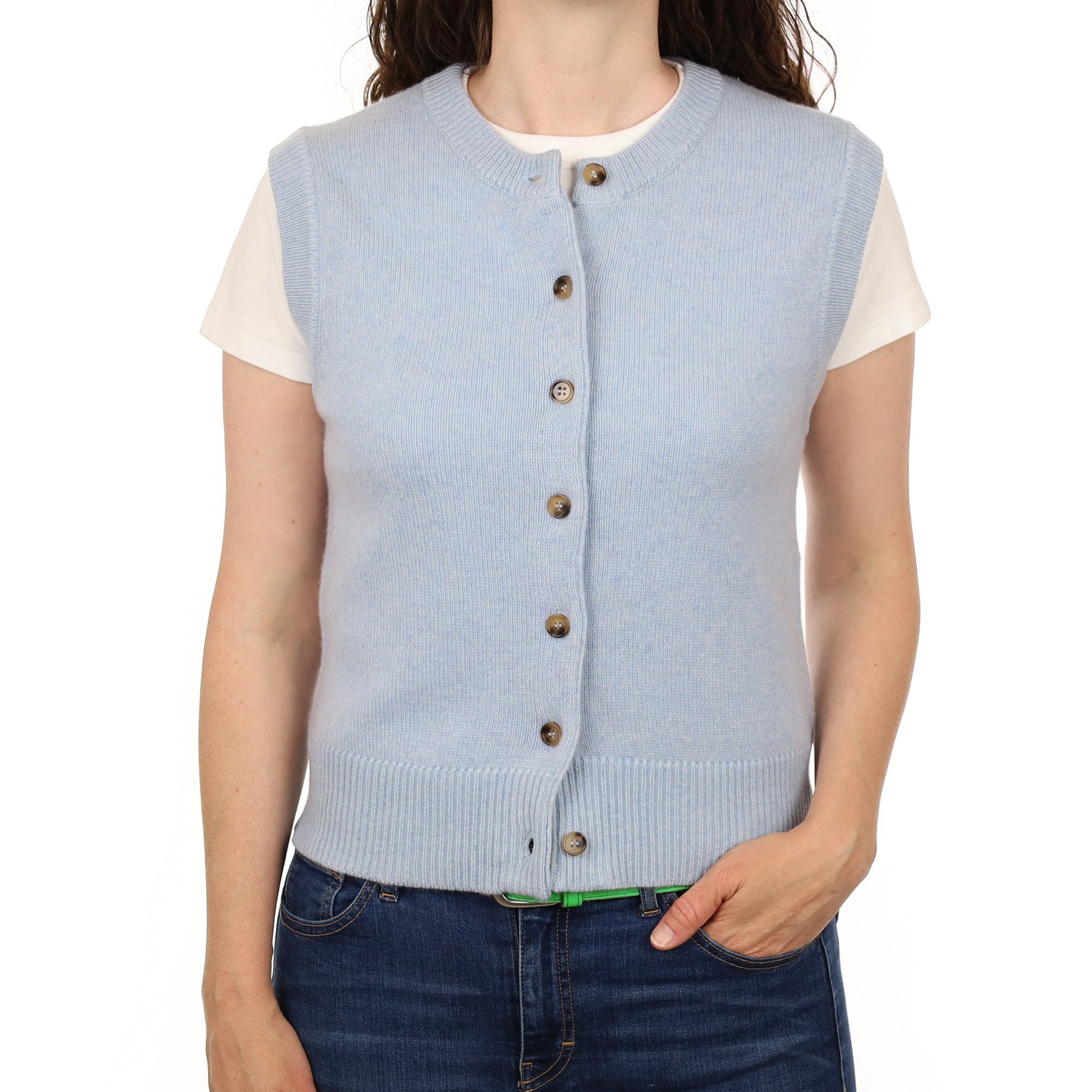 Brand New Baby Blue Luxury Cashmere Crew Neck Waistcoat Small UK 8-10
