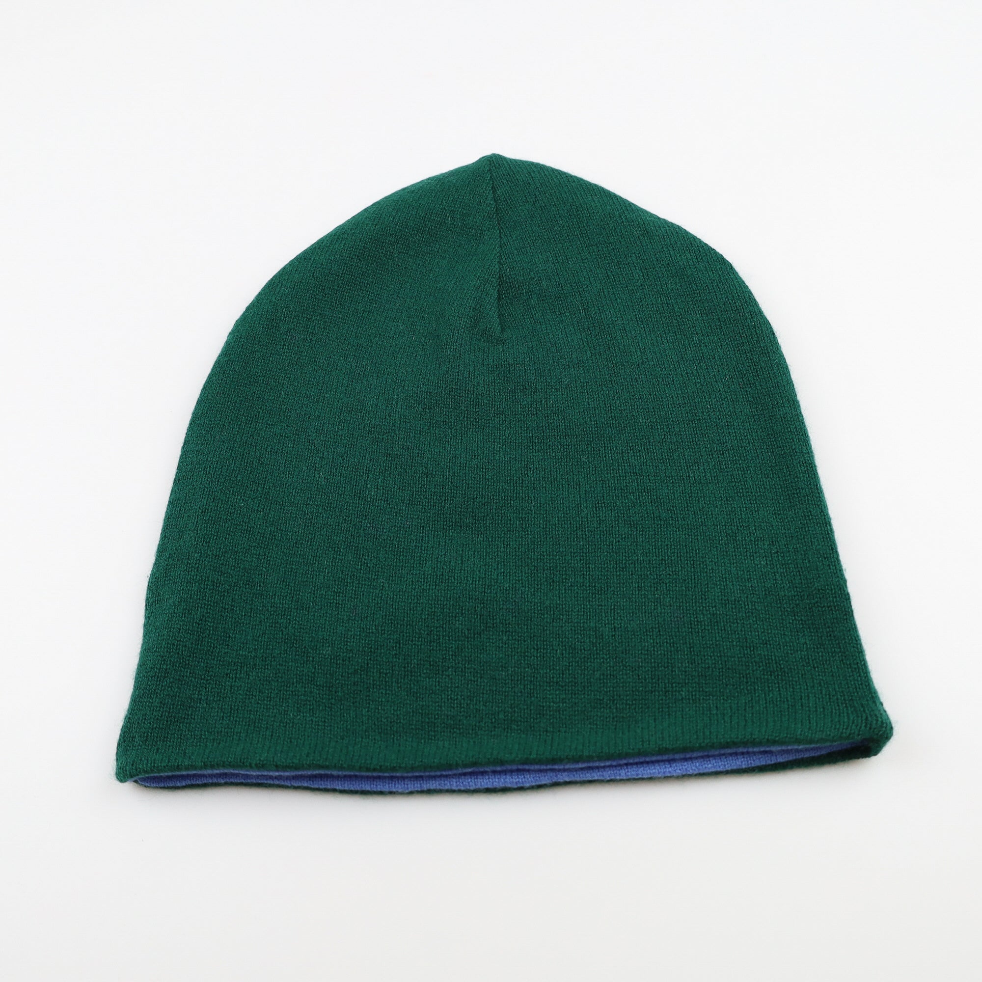 Cornflower Blue and Green Reversible Cashmere Beanie Hat