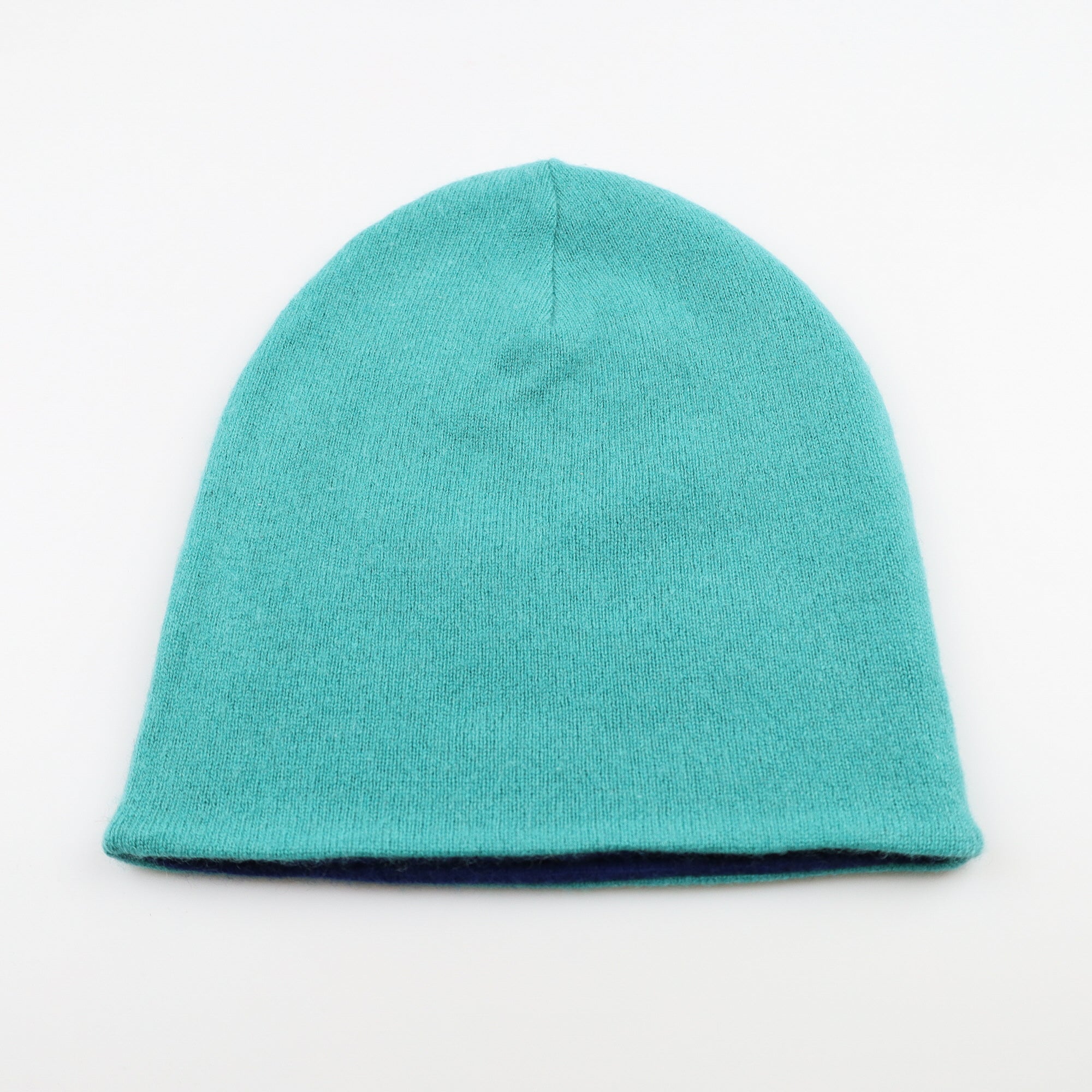 Navy Blue and Green Reversible Cashmere Beanie Hat