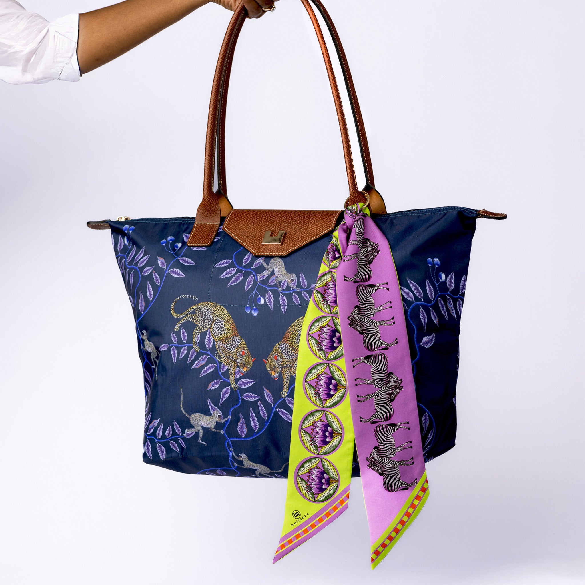Brand New Bellezza Purple & Lime Zebra Tropical Double Faced Silk Twilly & Scarf Ring
