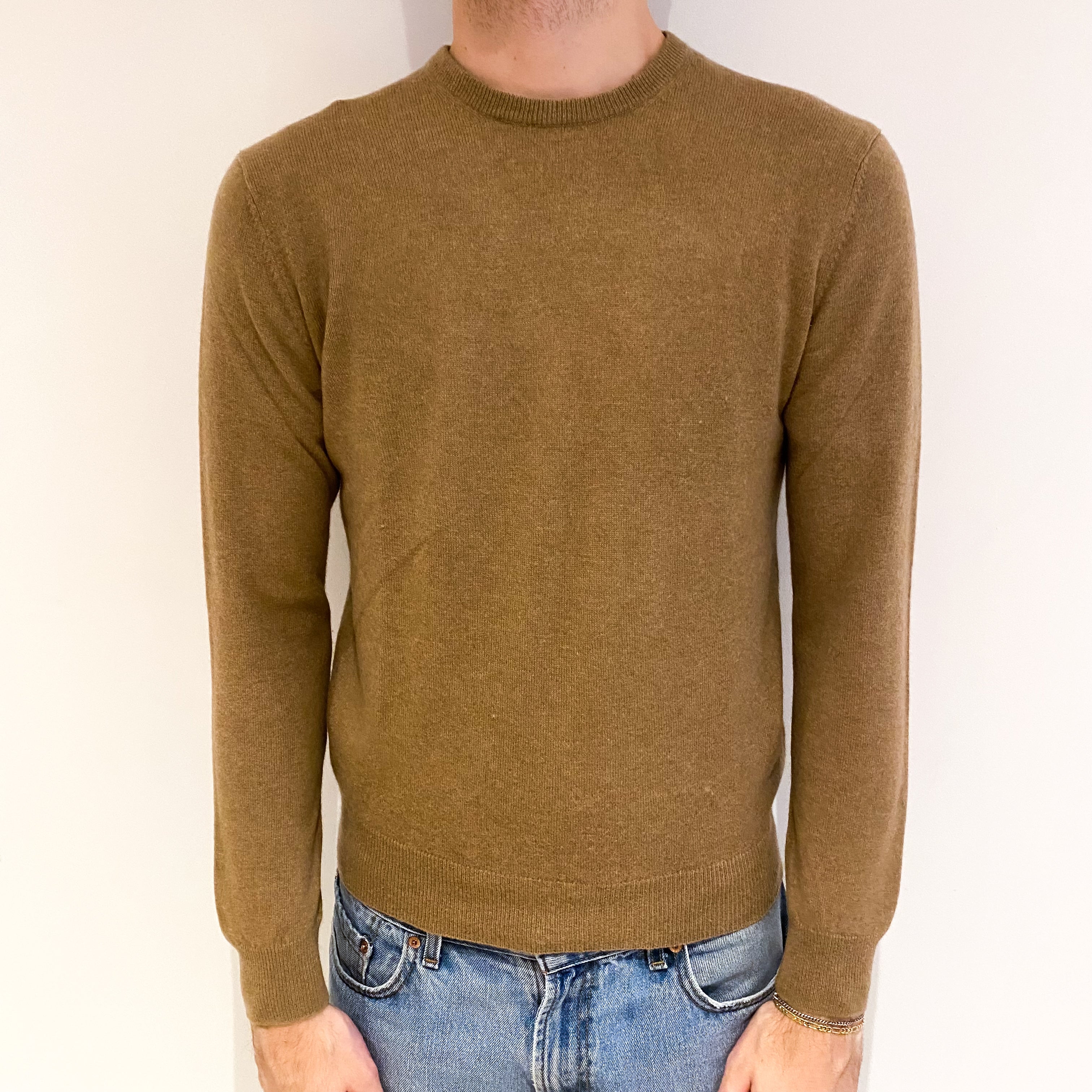 Men's Sand Beige Cashmere Crew Neck Jumper Medium