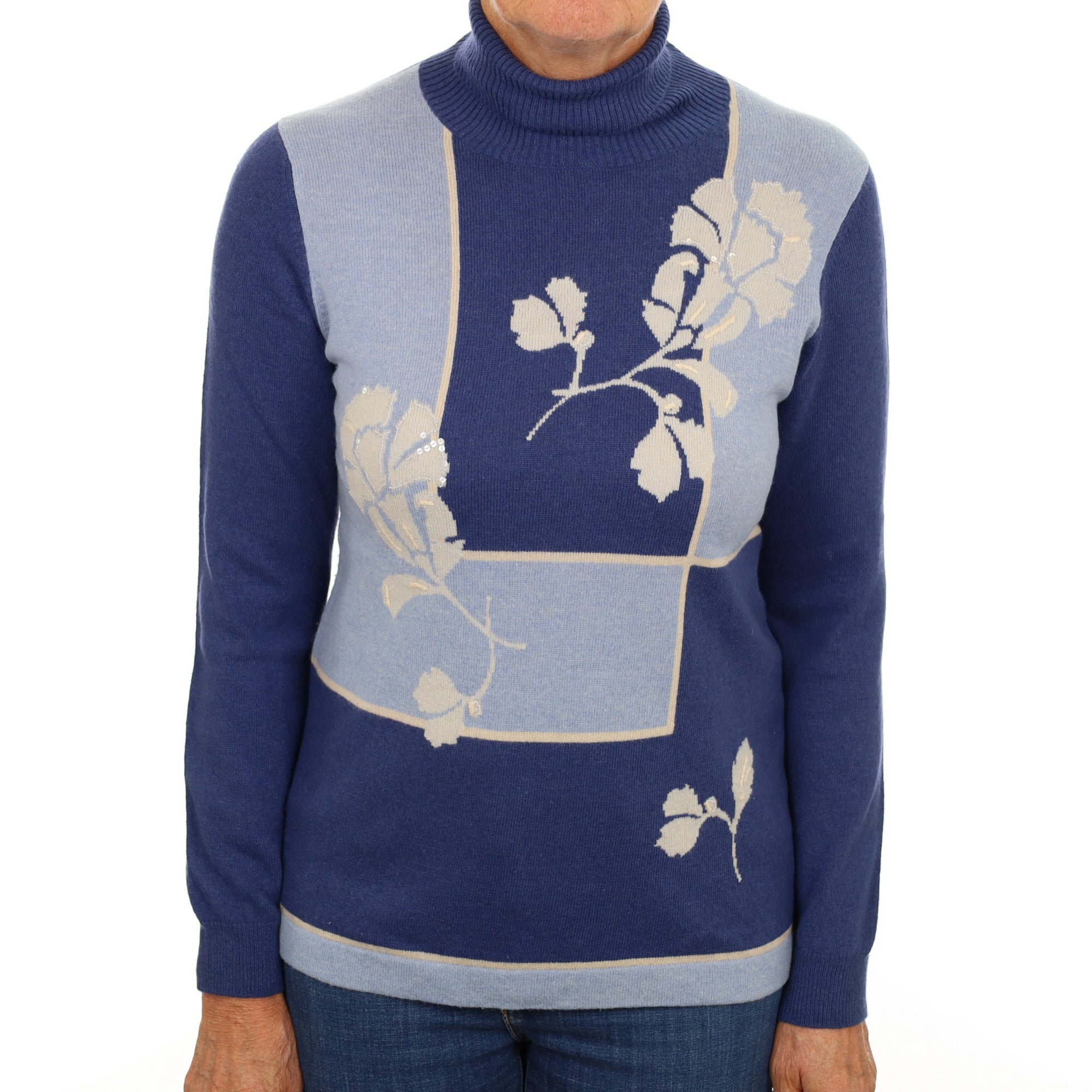 Blue Floral Block Cashmere Polo Neck Jumper Medium
