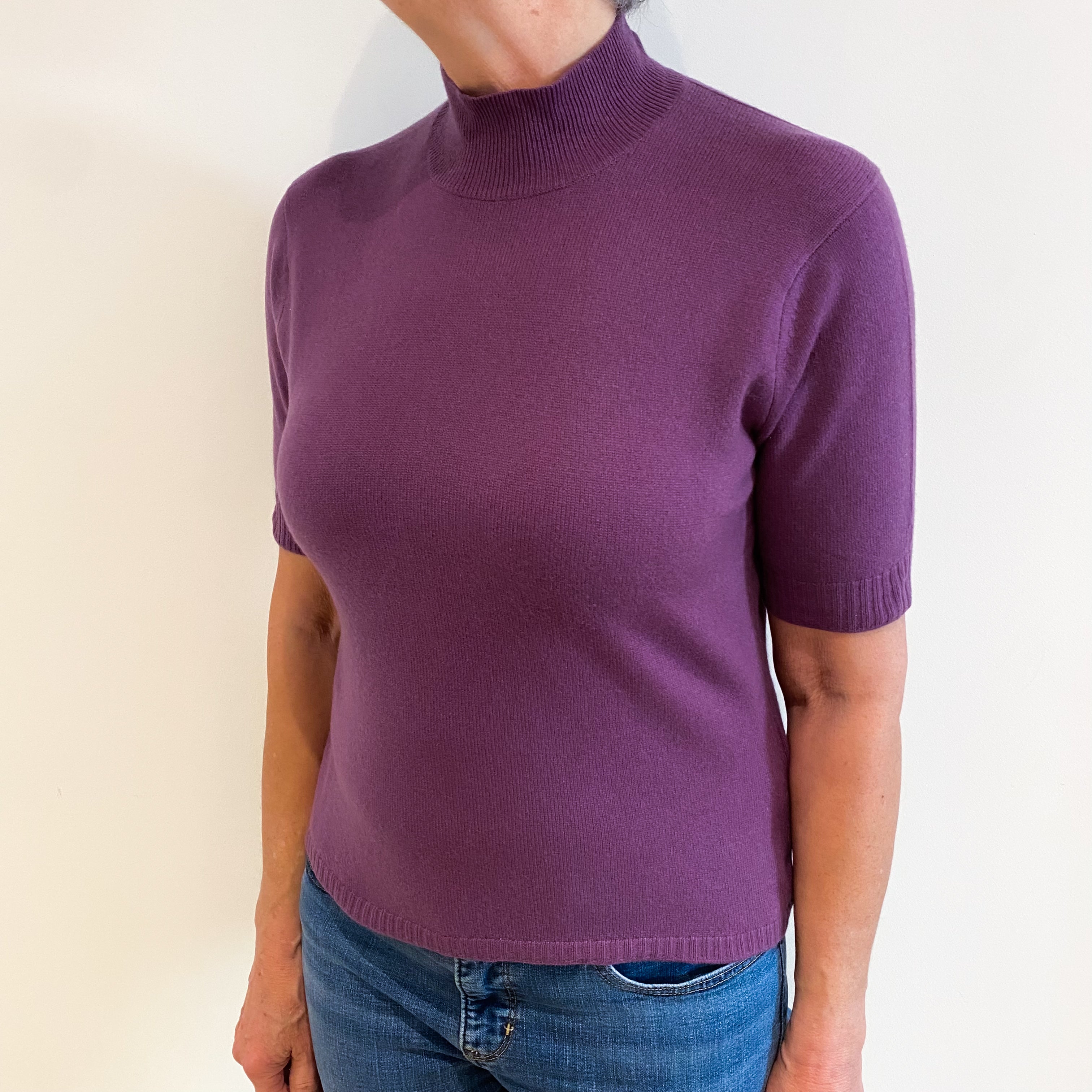 Deep Mauve Purple Cashmere Short Sleeve Turtle Neck Jumper Medium