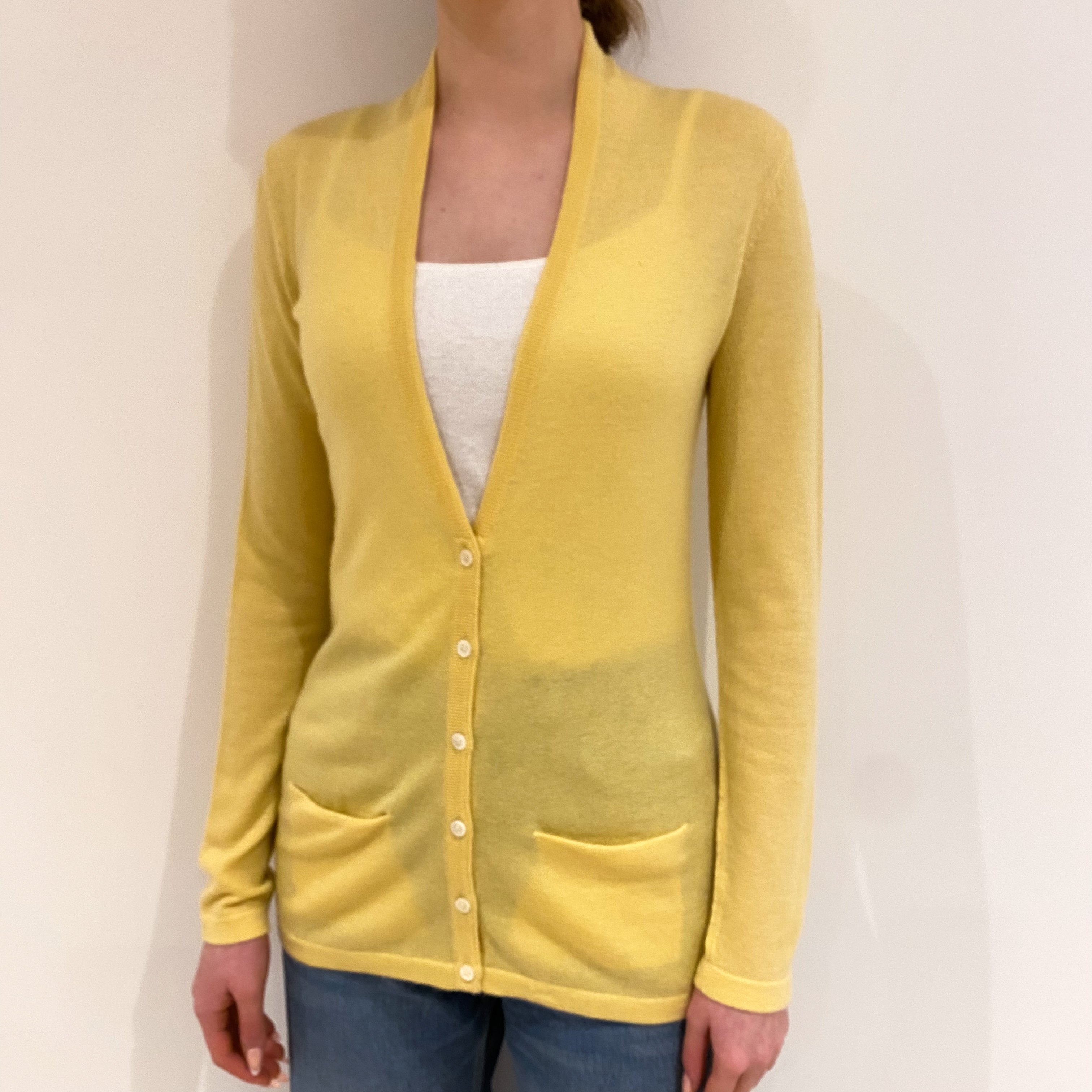 Primrose Yellow Cashmere V Neck Cardigan with Pockets Extra Small