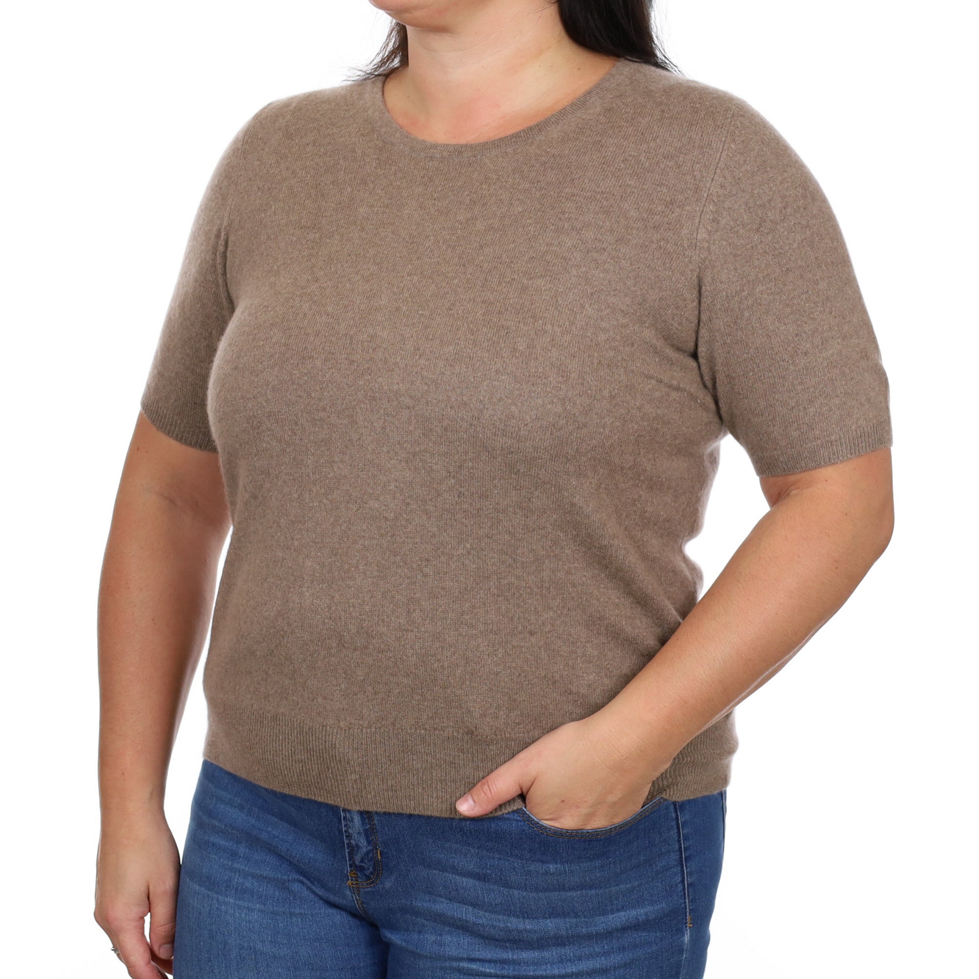 Biscuit Brown Cashmere Crew Neck Short Sleeved Jumper Large