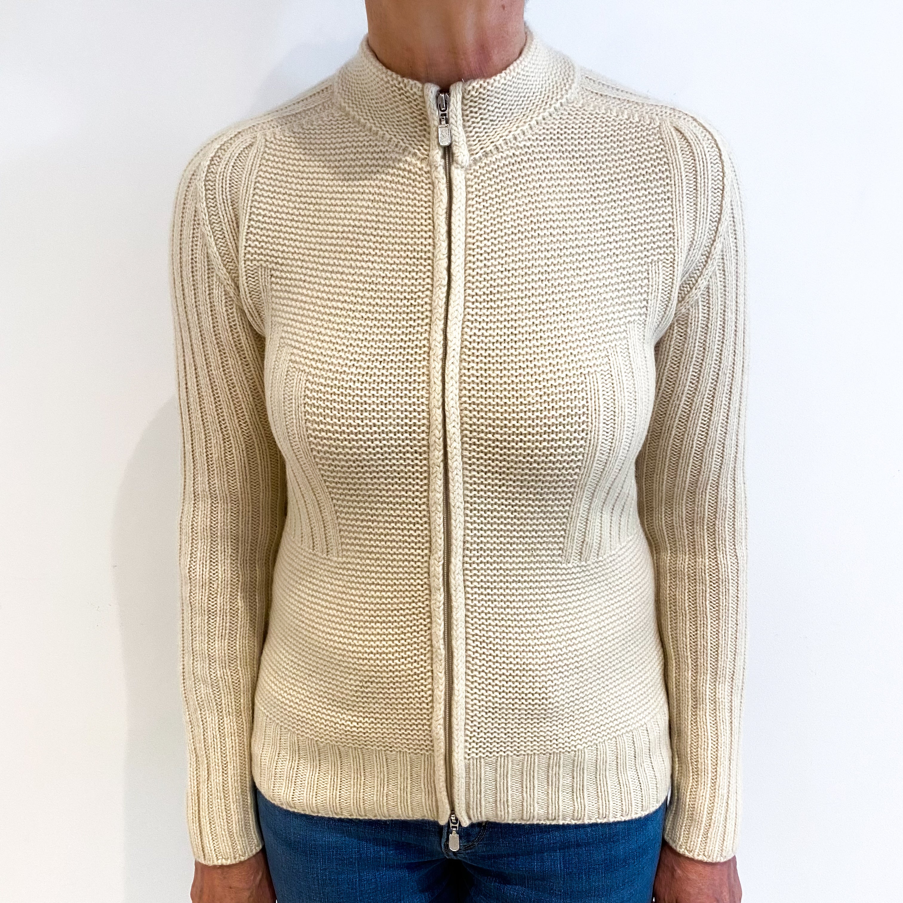 Pale Beige Cashmere Turtle Neck Zip Up Cardigan Medium