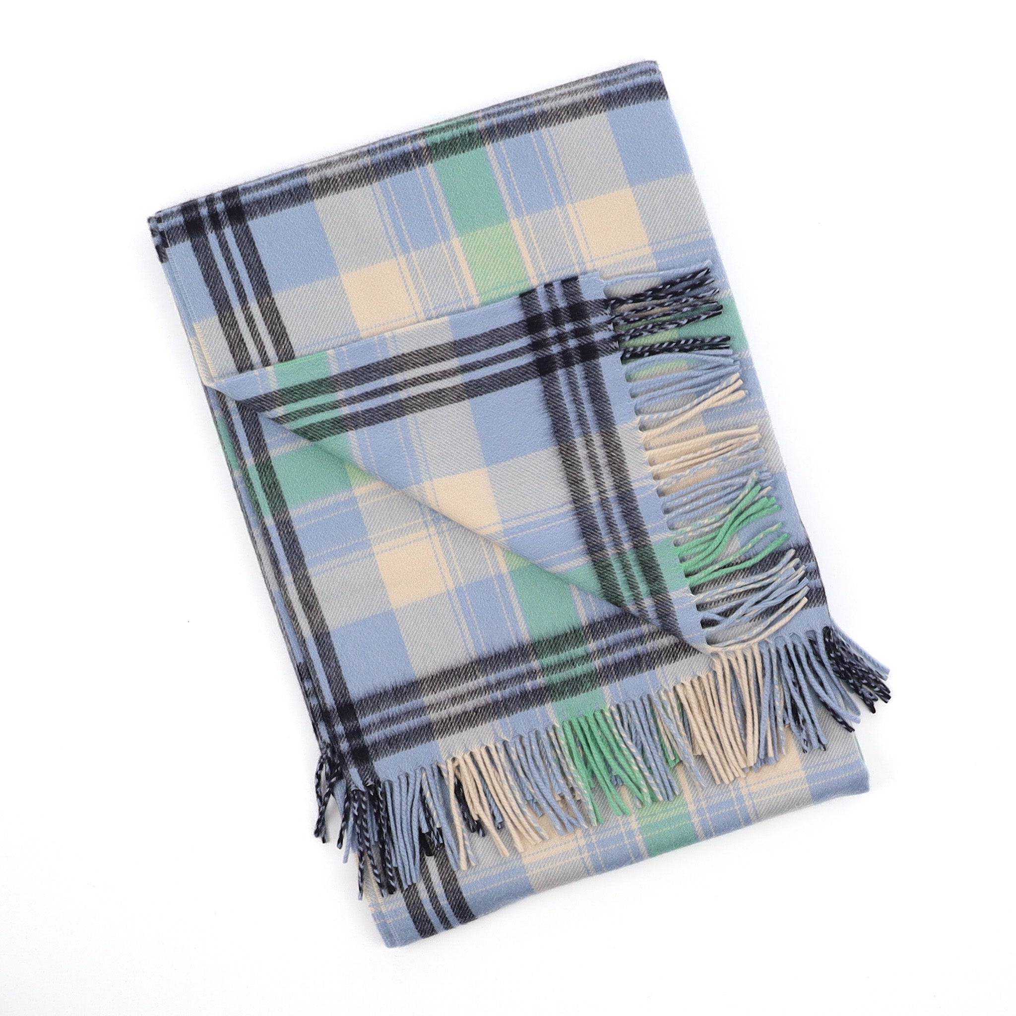 Brand New English Pastel Blue and Green Checked Luxury Woven Cashmere Blanket