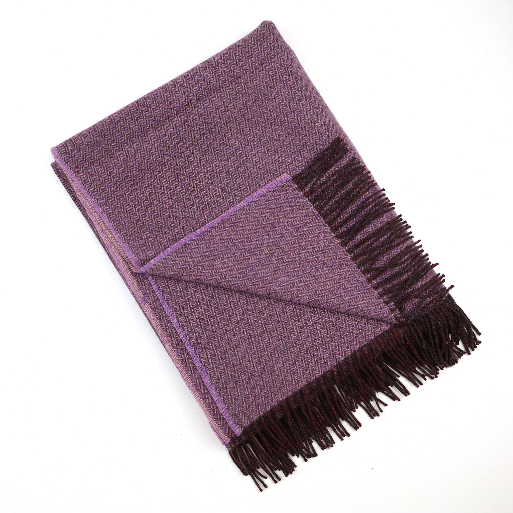 Brand New English Wisteria Purple and Cedar Brown Herringbone Luxury Woven Cashmere Blanket