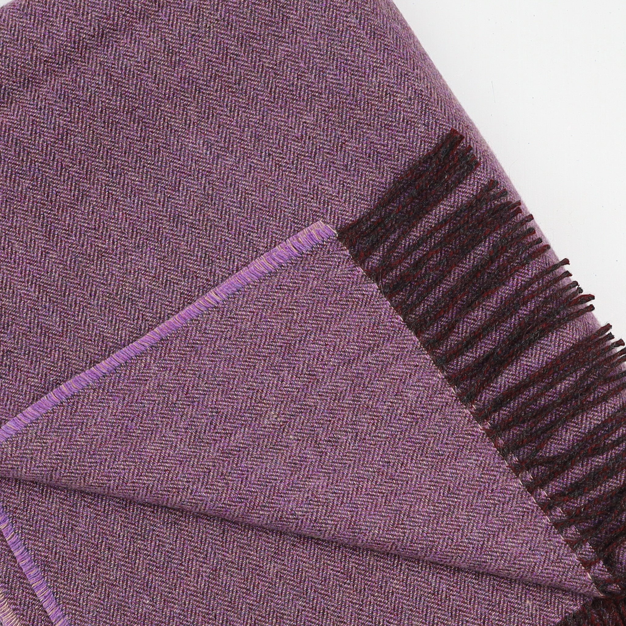 Brand New English Wisteria Purple and Cedar Brown Herringbone Luxury Woven Cashmere Blanket