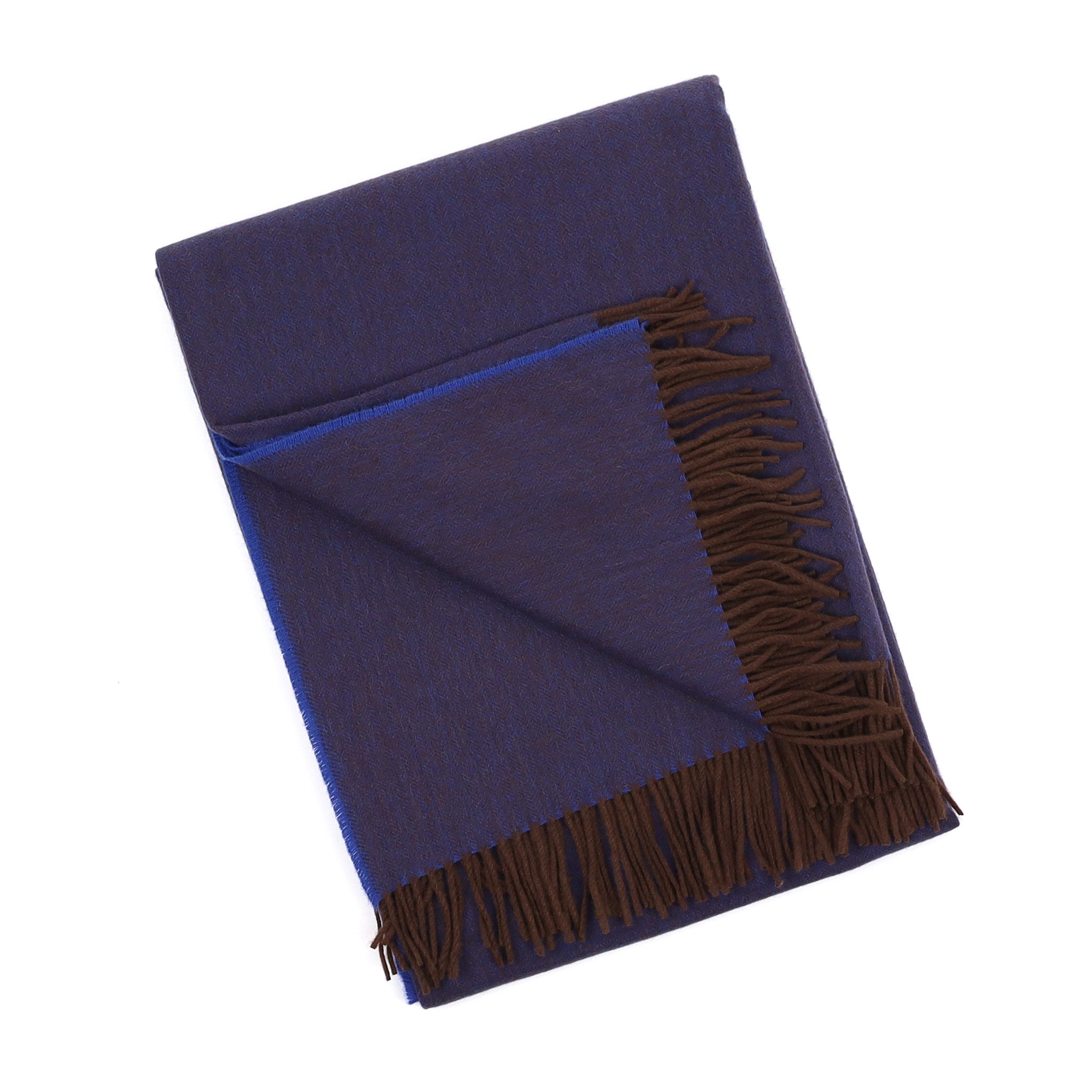 Brand New English Admiral Blue and Chocolate Brown Herringbone Luxury Woven Cashmere Blanket