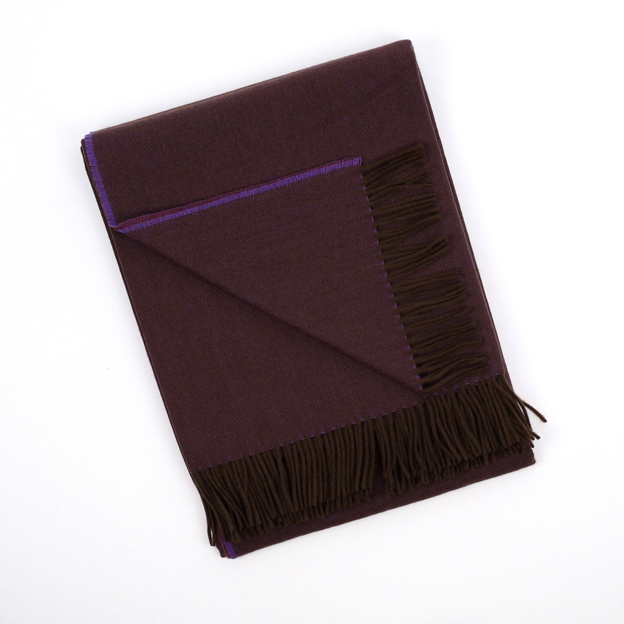 Brand New English Plum Iris and Chocolate Herringbone Luxury Woven Cashmere Blanket