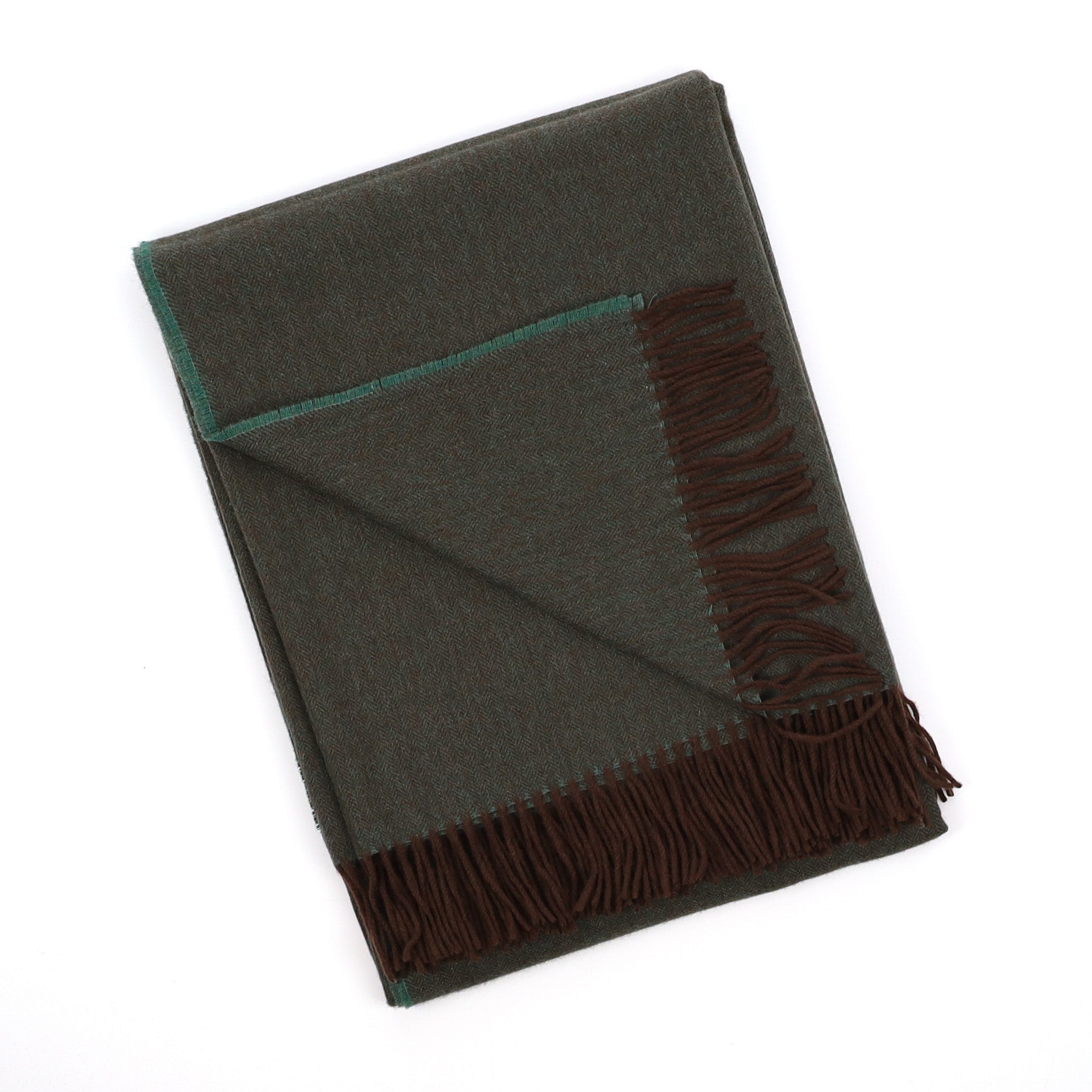 Brand New English Sea Green and Chocolate Brown Herringbone Luxury Woven Cashmere Blanket
