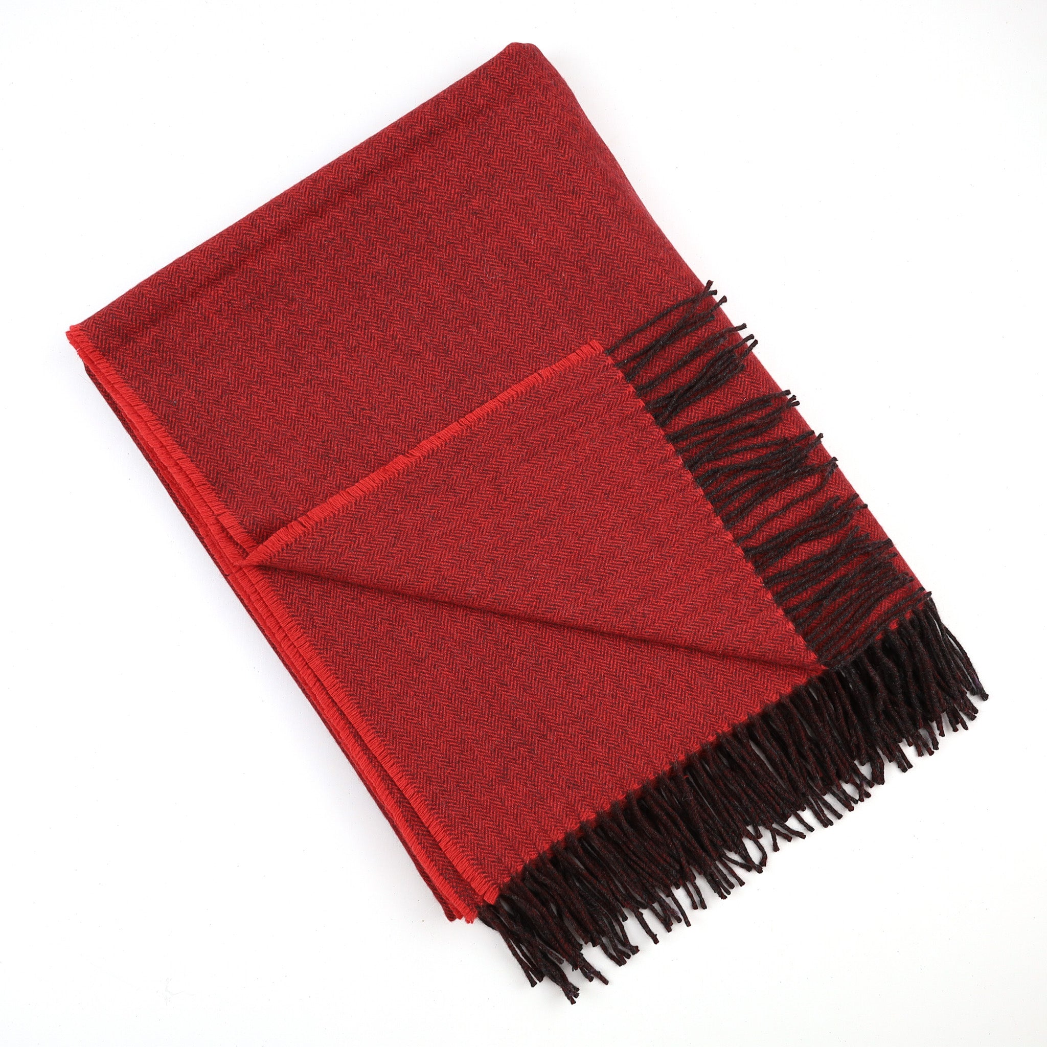 Brand New English Vermillion Red and Cedar Brown Herringbone Luxury Woven Cashmere Blanket