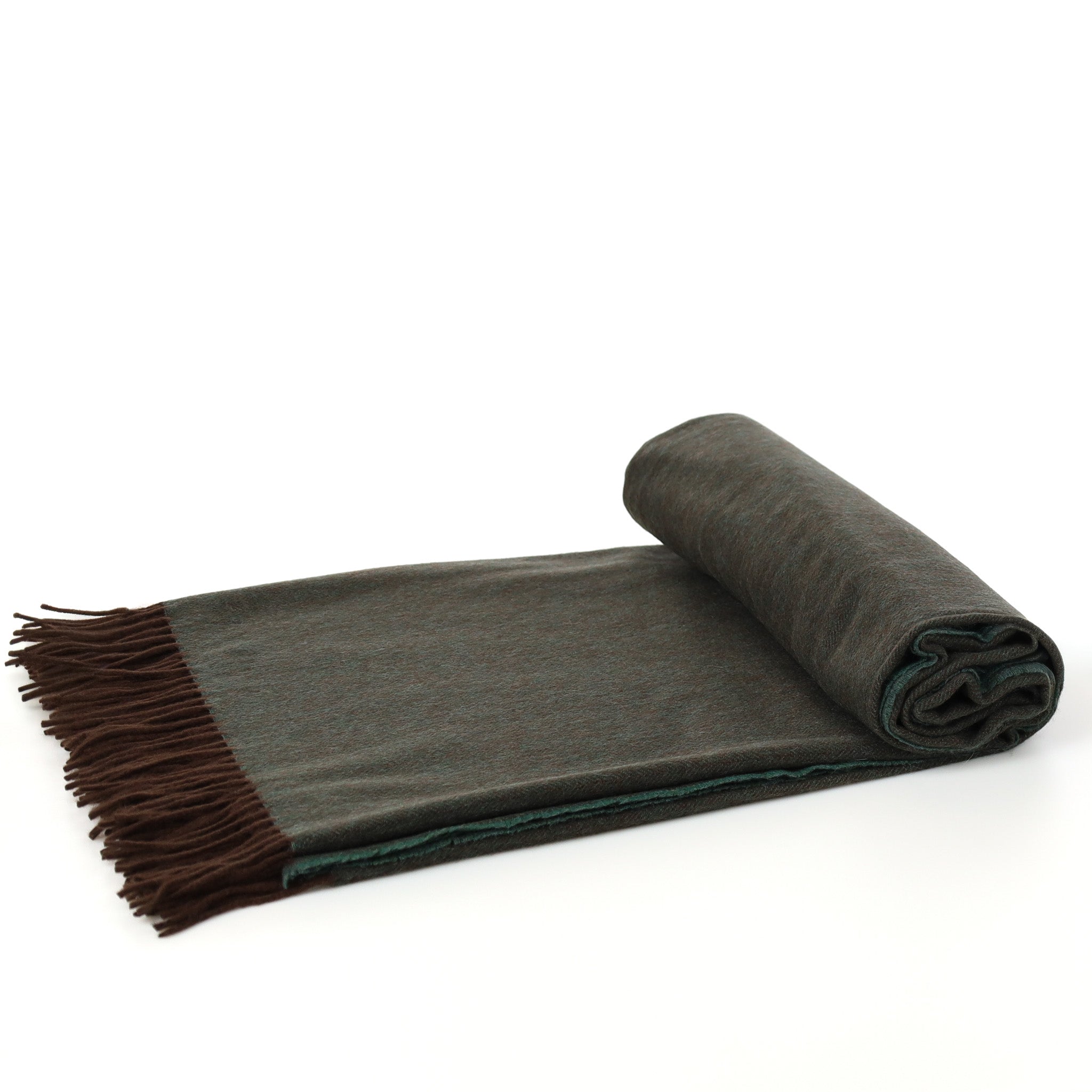 Brand New English Sea Green and Chocolate Brown Herringbone Luxury Woven Cashmere Blanket