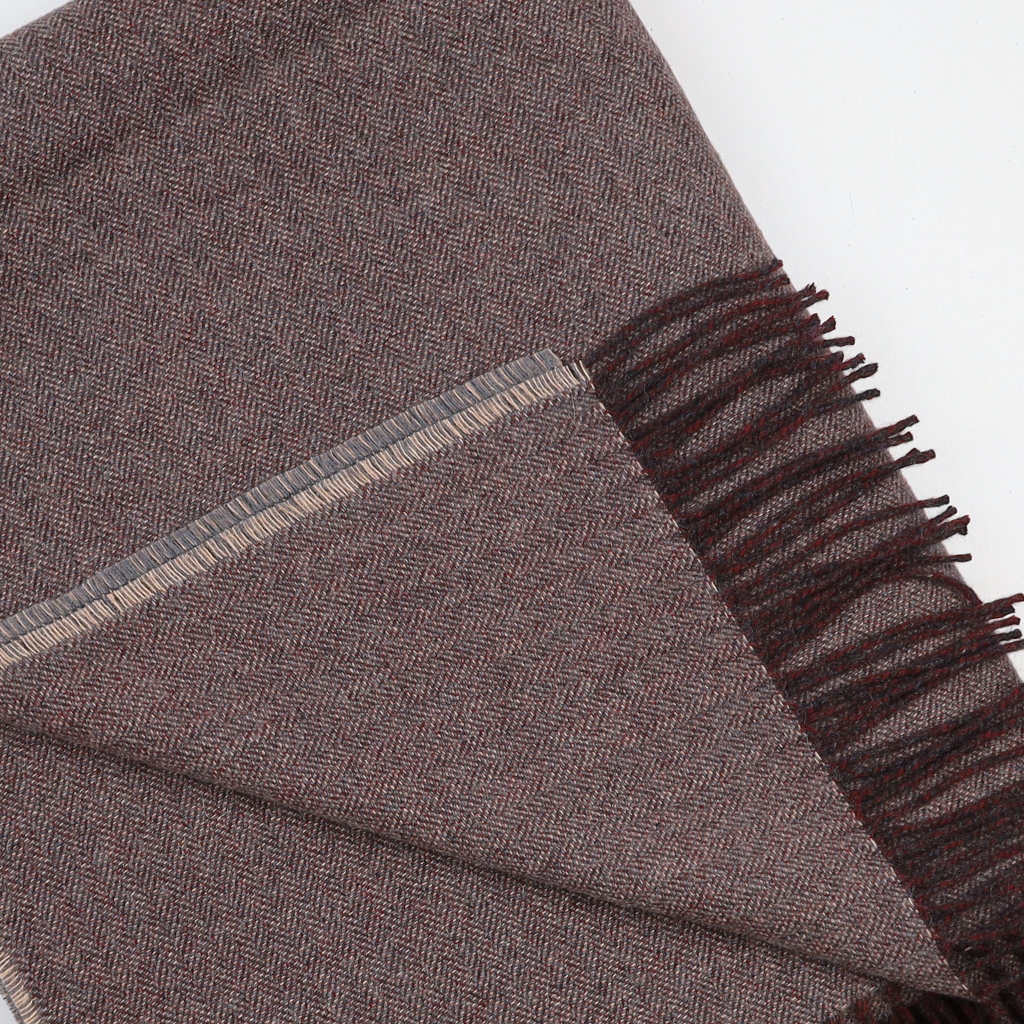 Brand New English Stone Grey Beige and Cedar Brown Herringbone Luxury Woven Cashmere Blanket