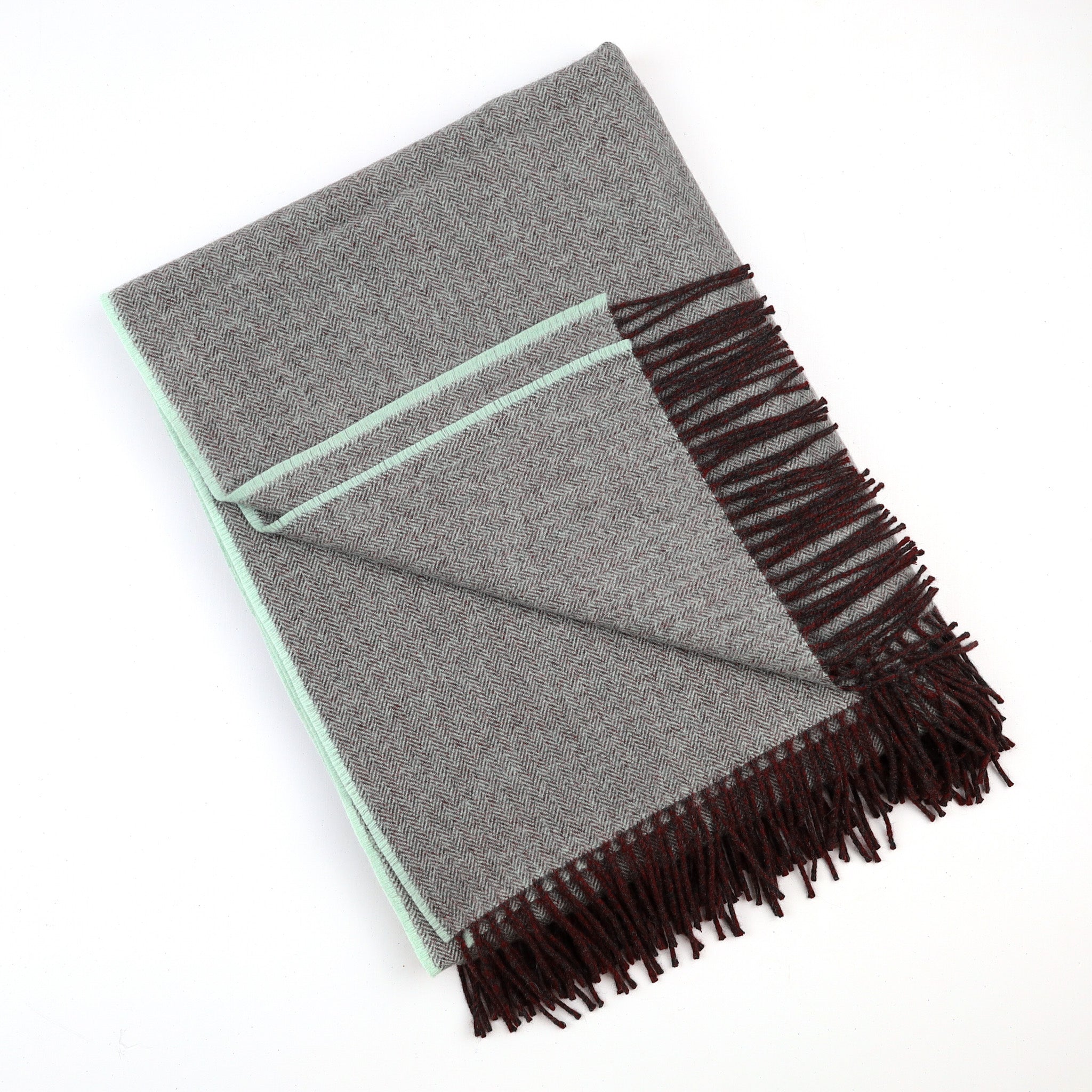 Brand New English Mint Green and Cedar Brown Herringbone Luxury Woven Cashmere Blanket