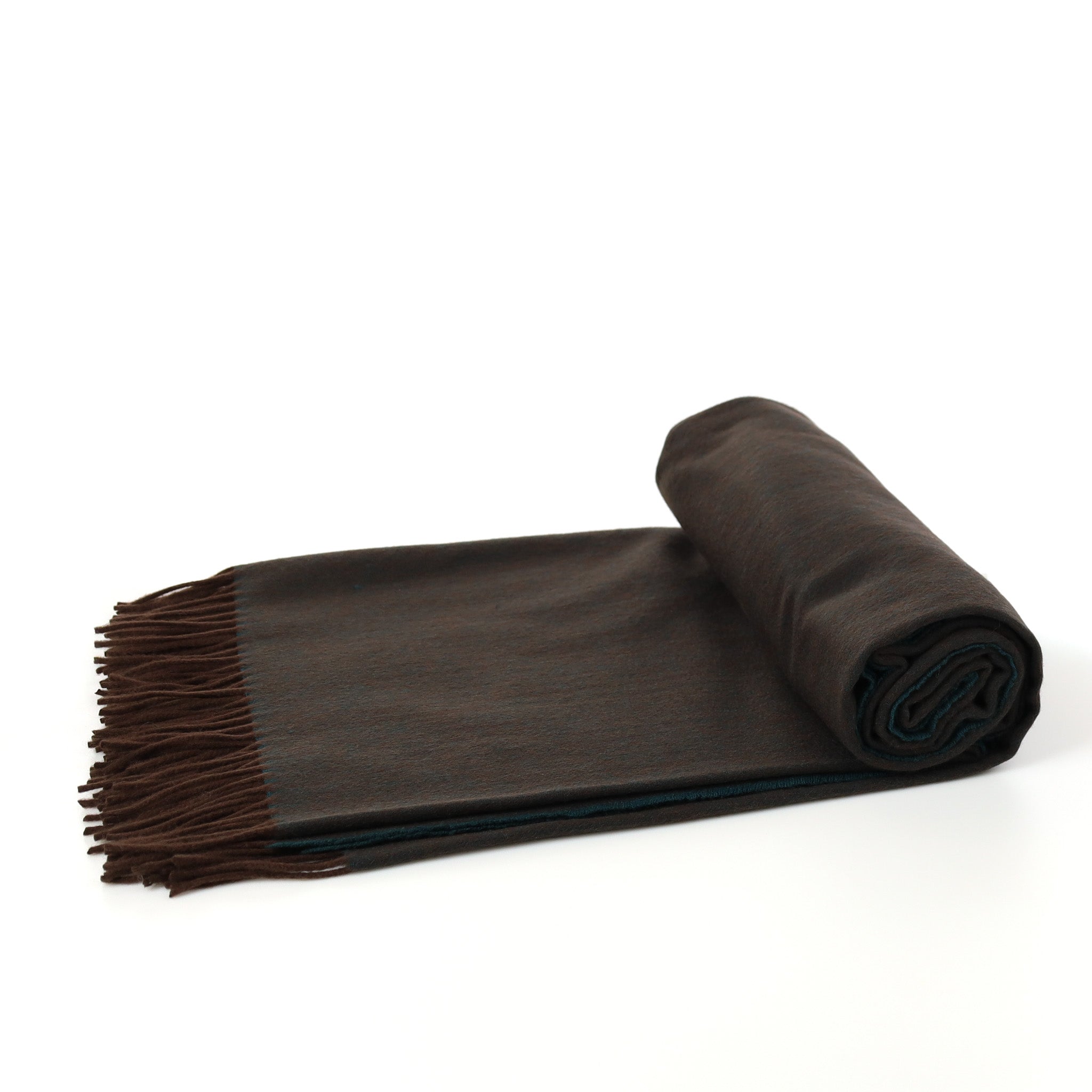 Brand New English Forest Green and Chocolate Brown Herringbone Luxury Woven Cashmere Blanket