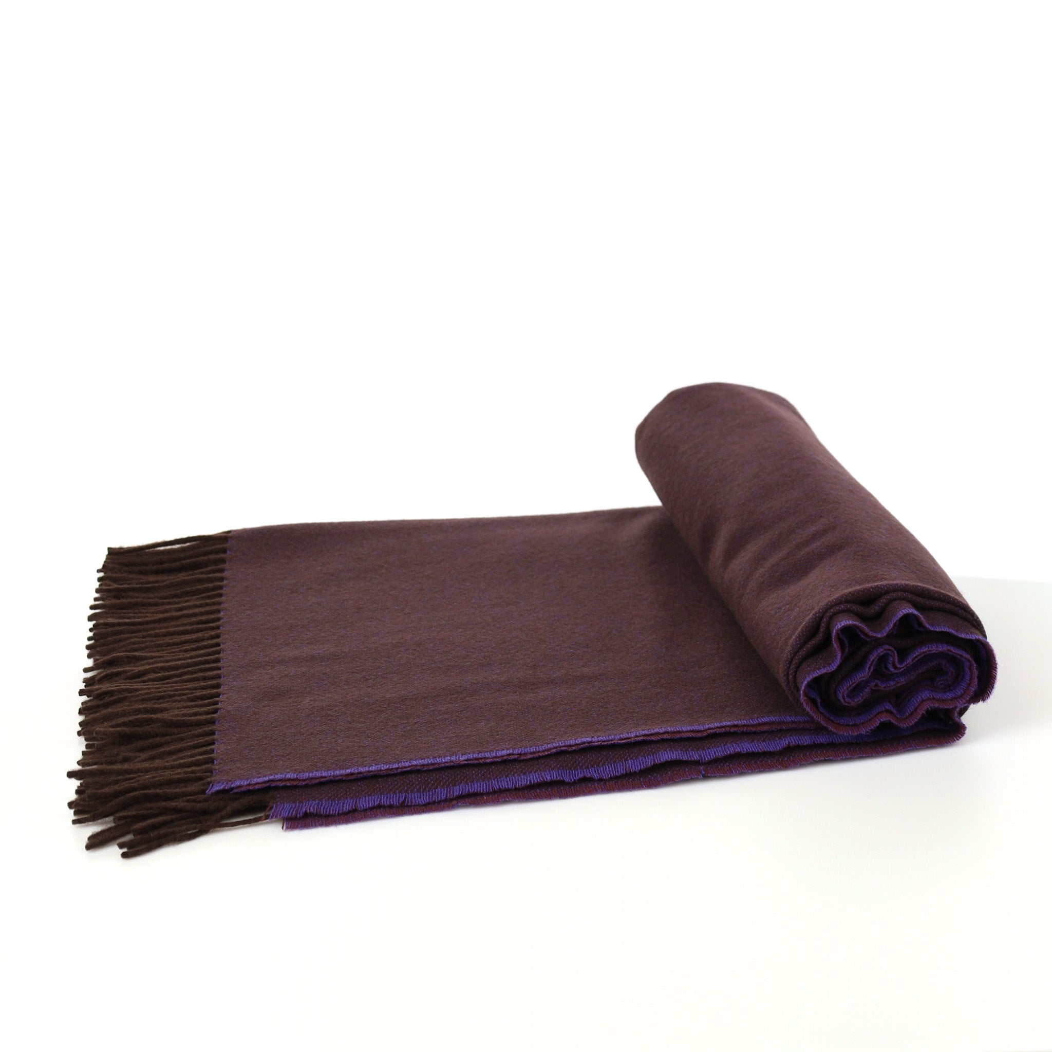 Brand New English Plum Iris and Chocolate Herringbone Luxury Woven Cashmere Blanket