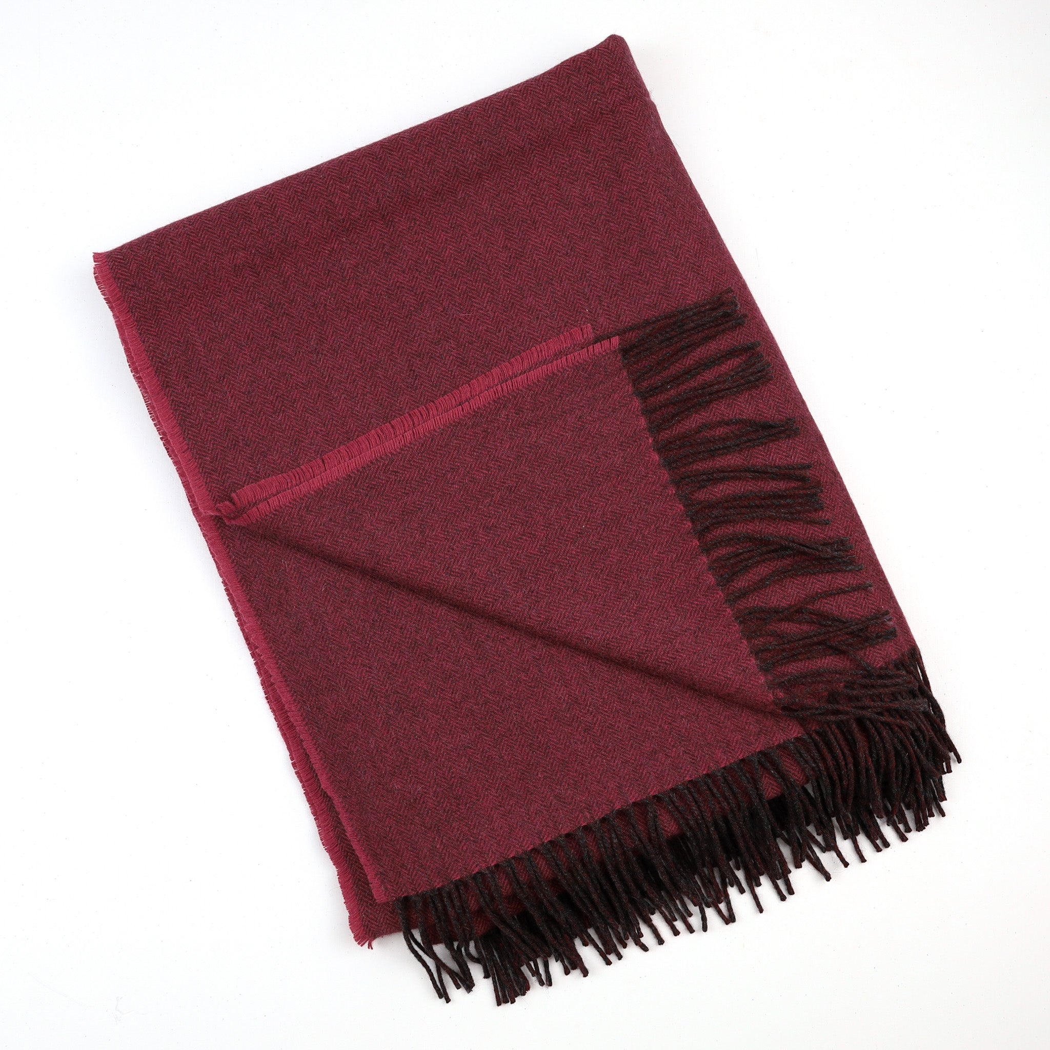 Brand New English Cherry Pink and Cedar Brown Herringbone Luxury Woven Cashmere Blanket