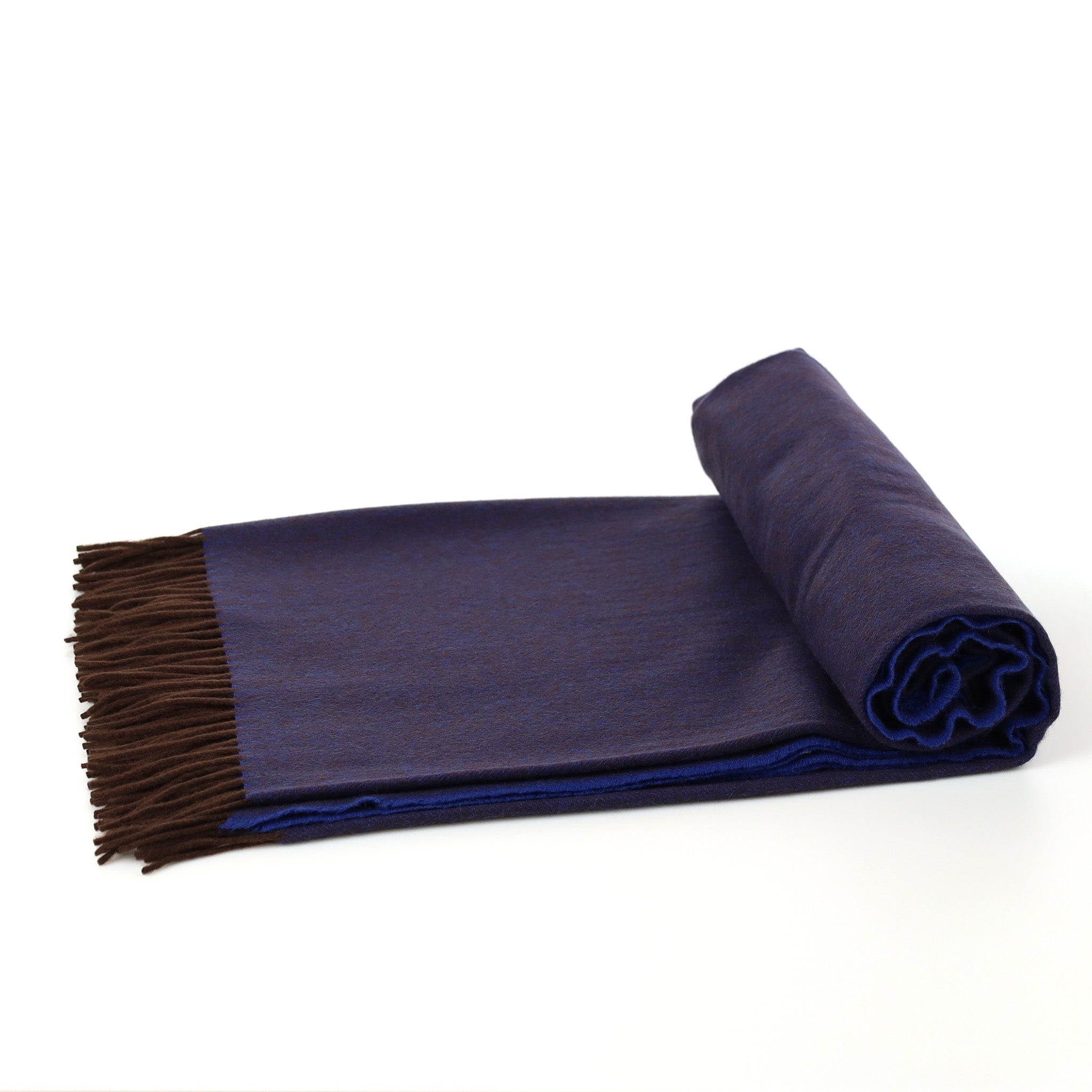 Brand New English Admiral Blue and Chocolate Brown Herringbone Luxury Woven Cashmere Blanket