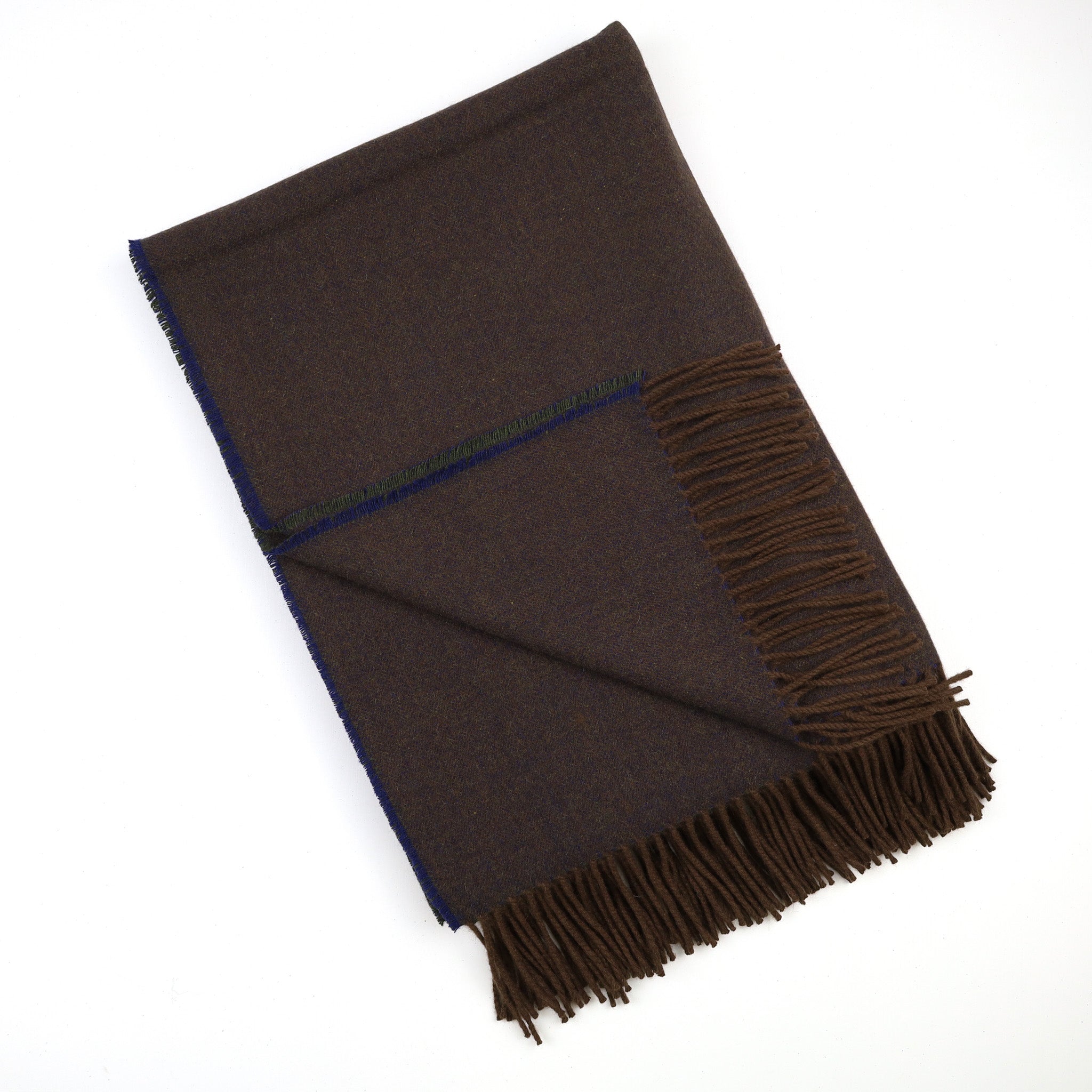 Brand New English Ocean Blue and Chocolate Brown Marl Luxury Woven Cashmere Blanket