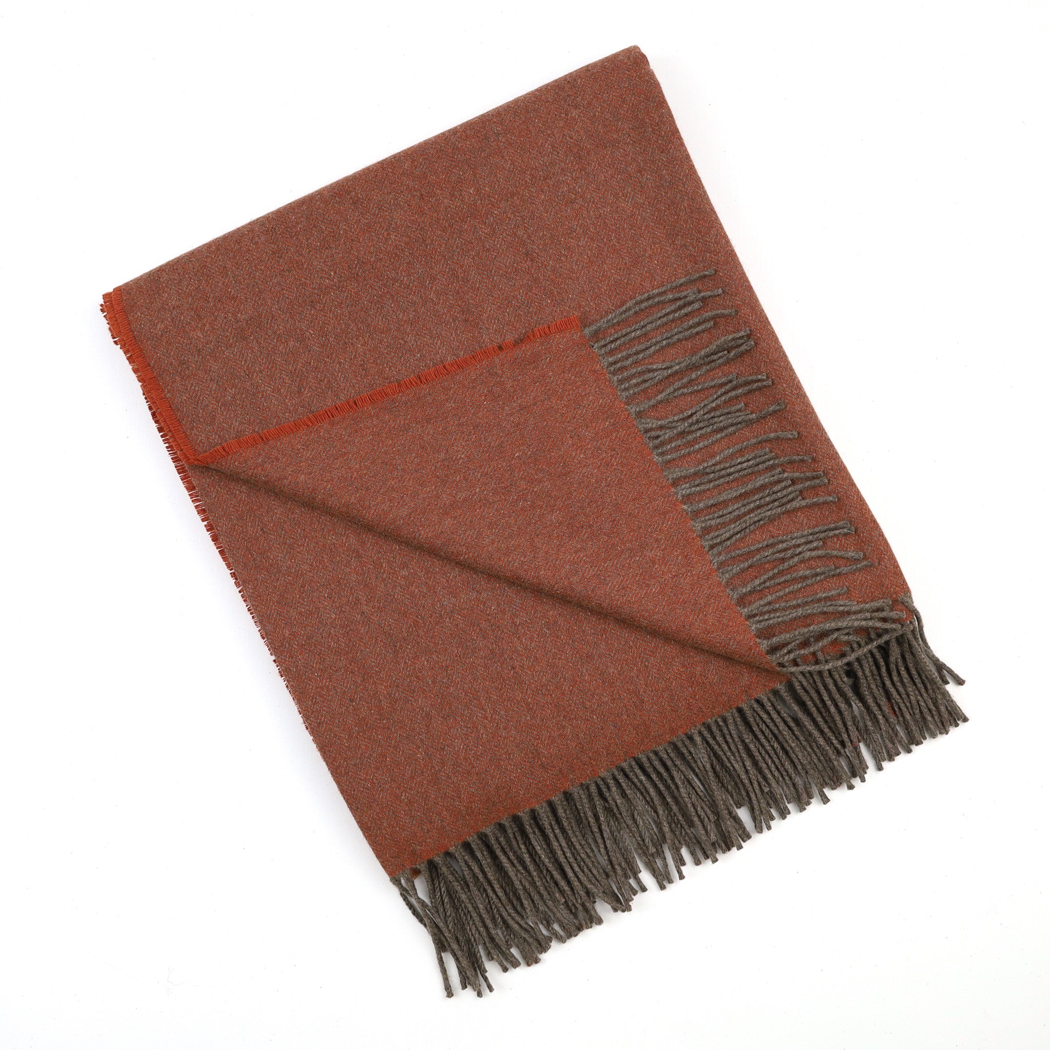 Brand New English Burnt Orange and Mocha Herringbone Luxury Woven Cashmere Blanket