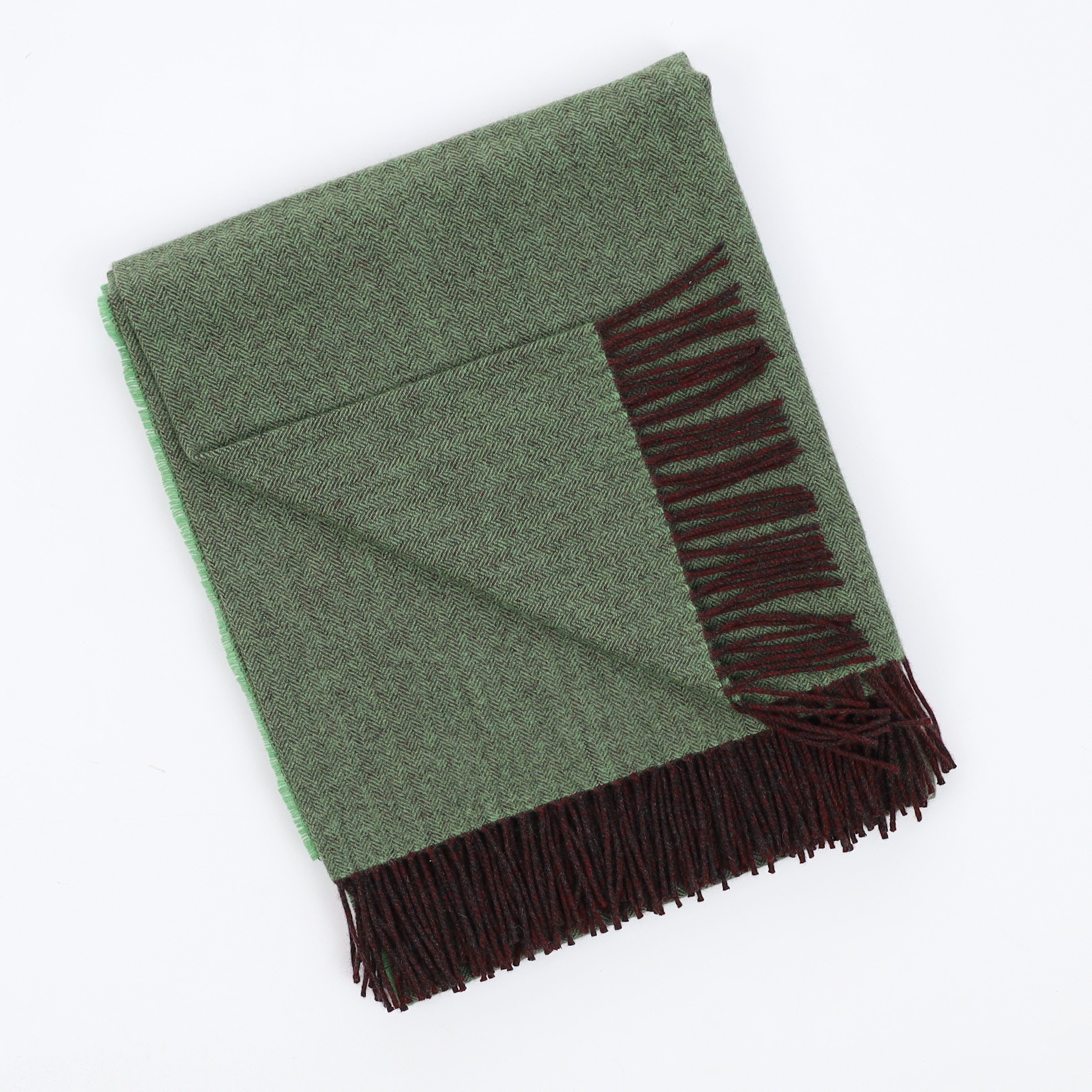 Brand New English Spring Green and Cedar Brown Herringbone Luxury Woven Cashmere Blanket