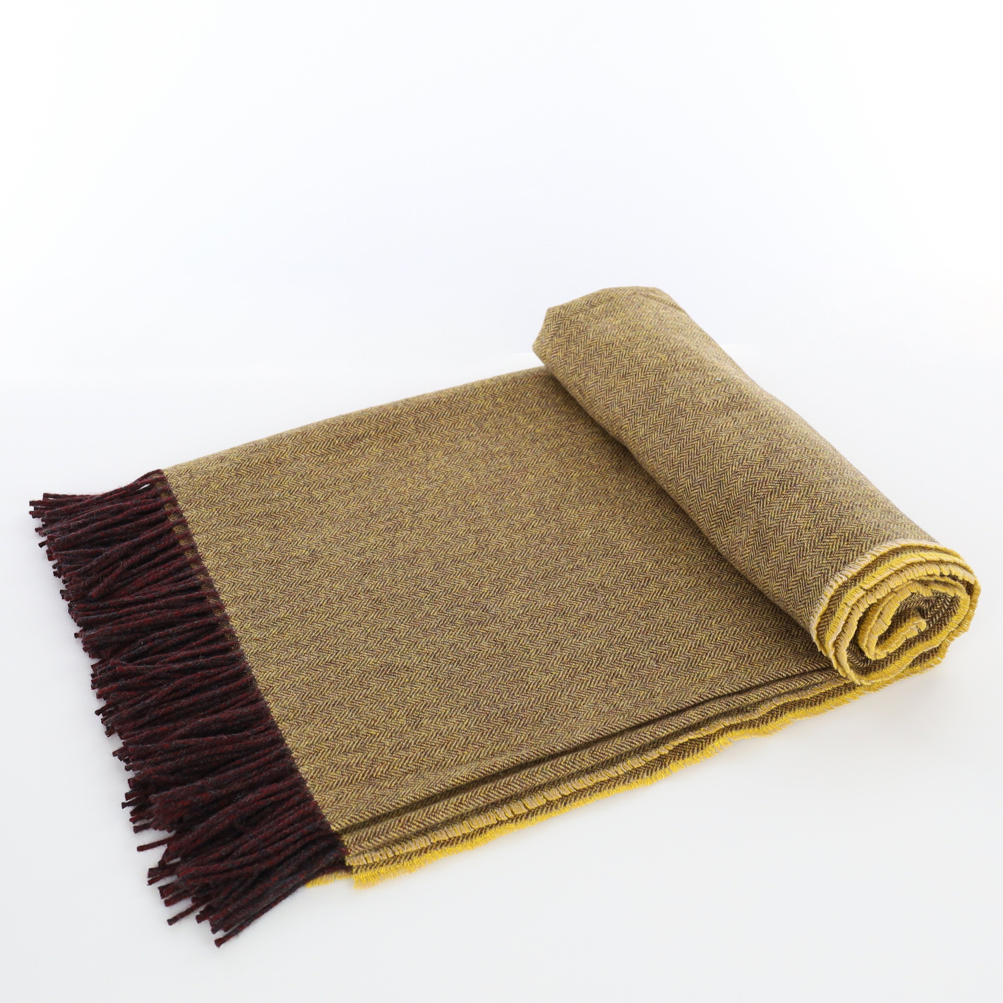Brand New English Mustard and Cedar Brown Herringbone Luxury Woven Cashmere Blanket